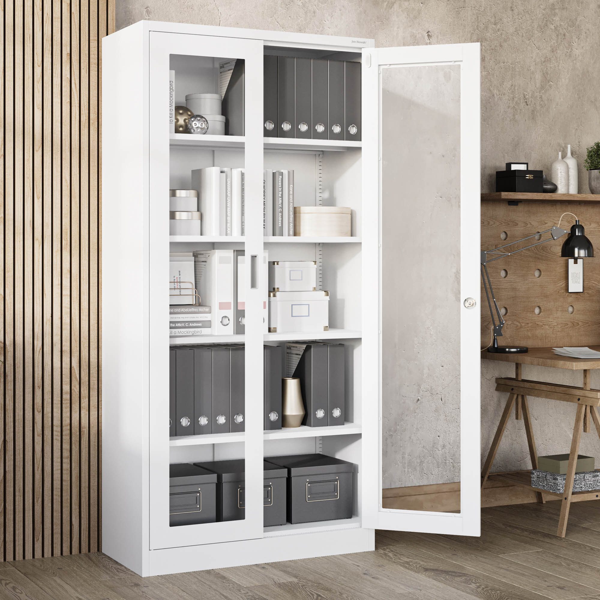 Jan Nowak Vitrine Metall Vitrinenschrank abschließbar 90 cm AMELIA Glasscheiben (Stahl 0,6 mm Wandmontage möglich PZH-zertifiziert 185 cm) Büroschrank 50 Ordner Schloss 2 Schlüssel 4 Böden 6 Farben