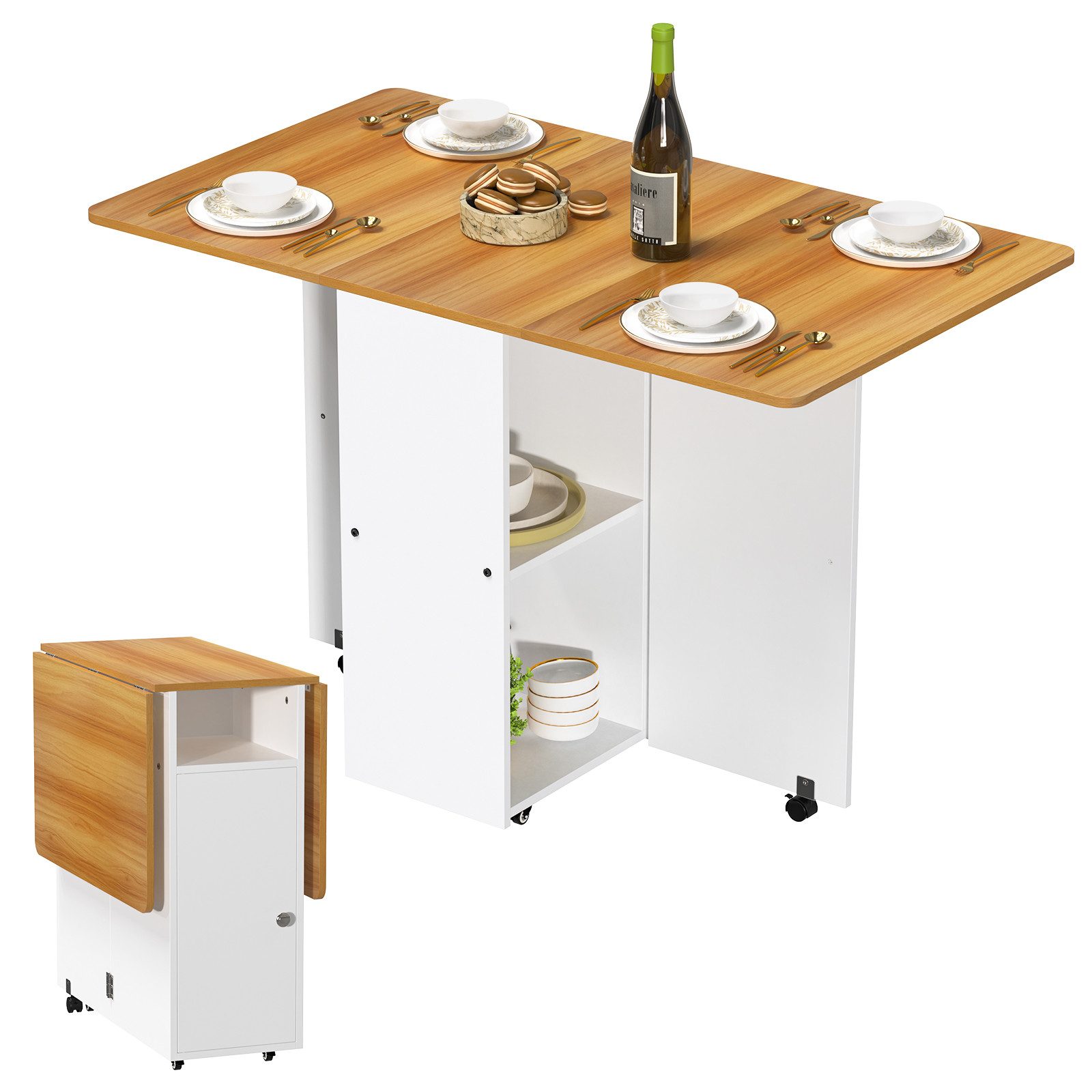 JEOBEST Klapptisch Mobiler Klapptisch, Klappbarer Esstisch mit Offenen Ablagen, Küchentisch Ausziehbar für Kleine Räume 120 x 70 x 78cm
