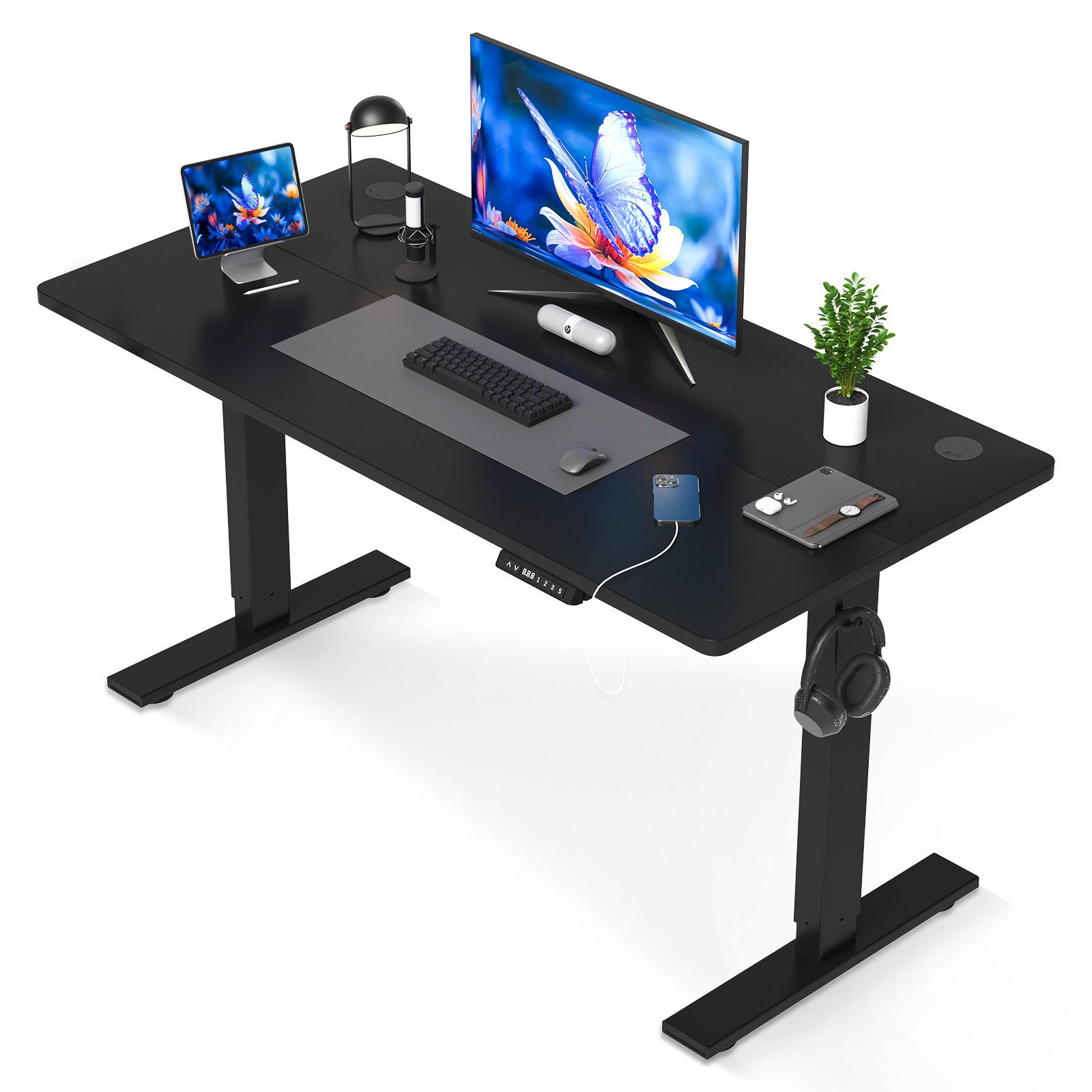 HOMAVO Schreibtisch Höhenverstellbarer schreibtisch mit Memory- und Rebound-Funktion (Sitz-Steh-Erinnerung), inkl. Kabelwanne & USB/Typ-C-Anschlüssen, Tischplatte 18 mm