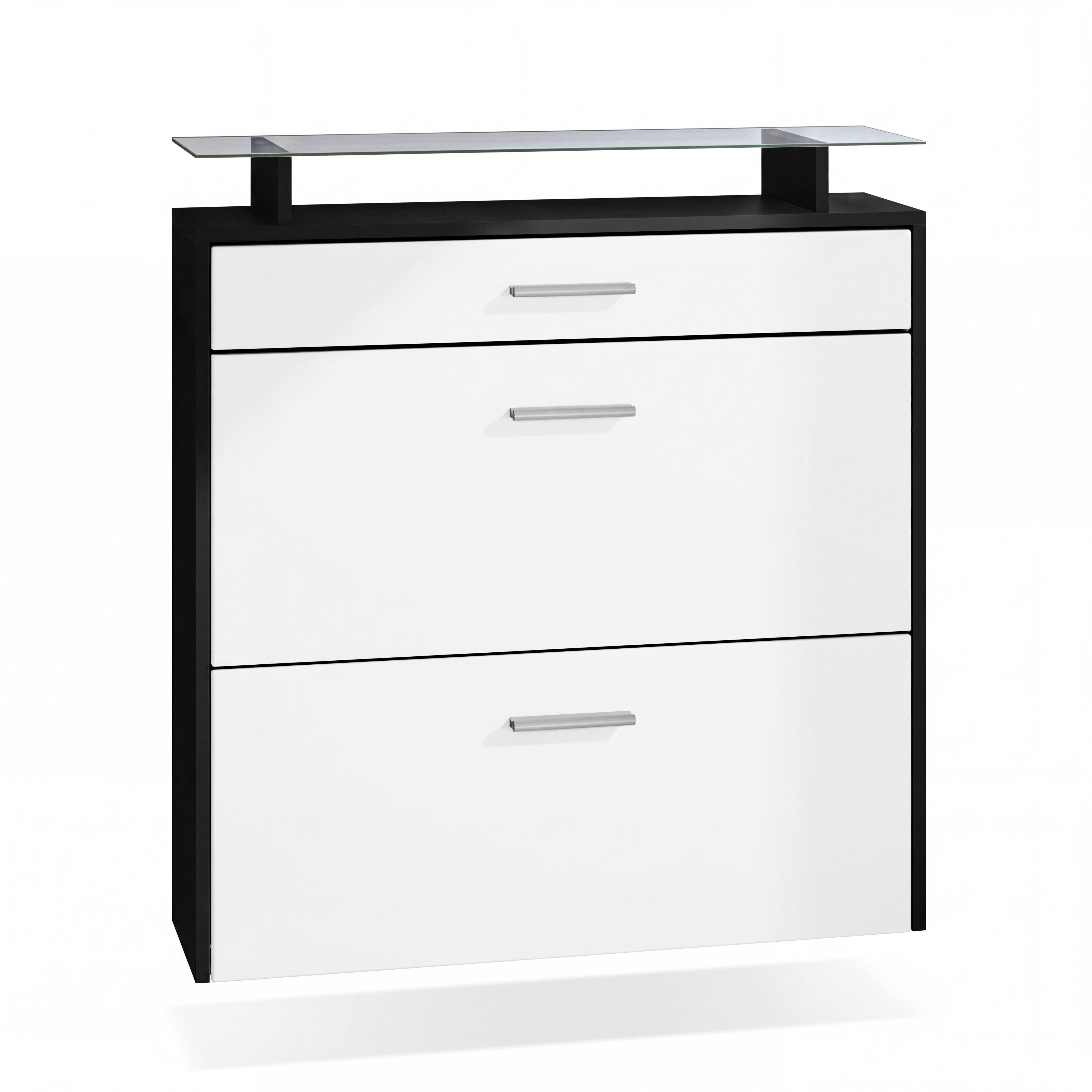 Vladon Schuhschrank Malea (hängender Schuhkipper für 16 Paar Schuhe, mit 2 Klappen und 1 Schublade und Glasablage) Schwarz matt/Weiß matt (89 x 96 x 23 cm)