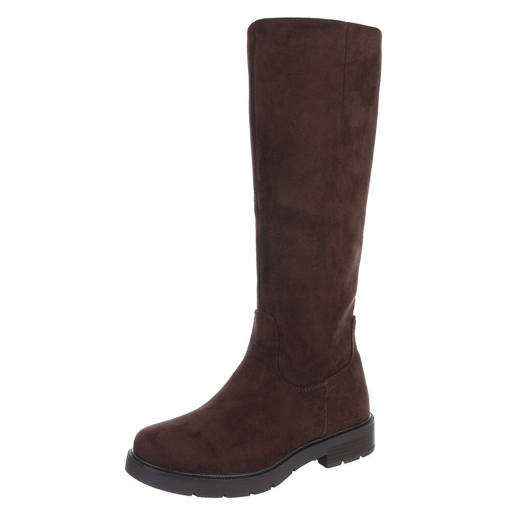Ital-Design Damen Langschaftstiefel mit Reißverschluss und Profilsohle Stiefel (92299628) Blockabsatz Flache Stiefel in Braun