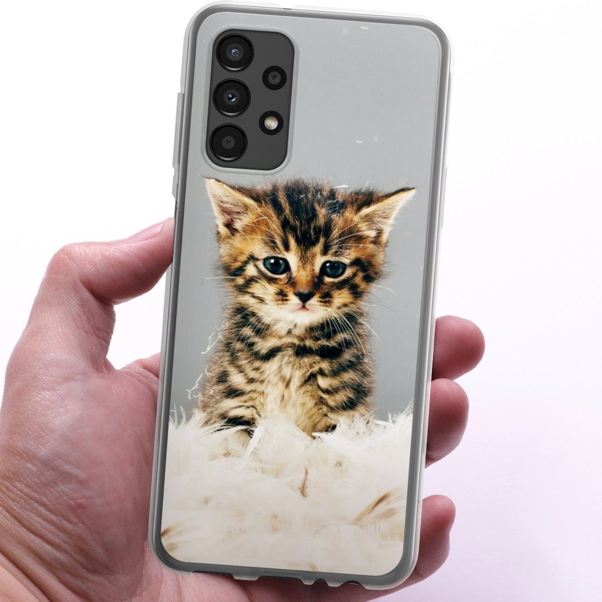 DeinDesign Handyhülle Katze Haustier Feder Kitty, Samsung Galaxy A13 4G Silikon Hülle Bumper Case Handy Schutzhülle