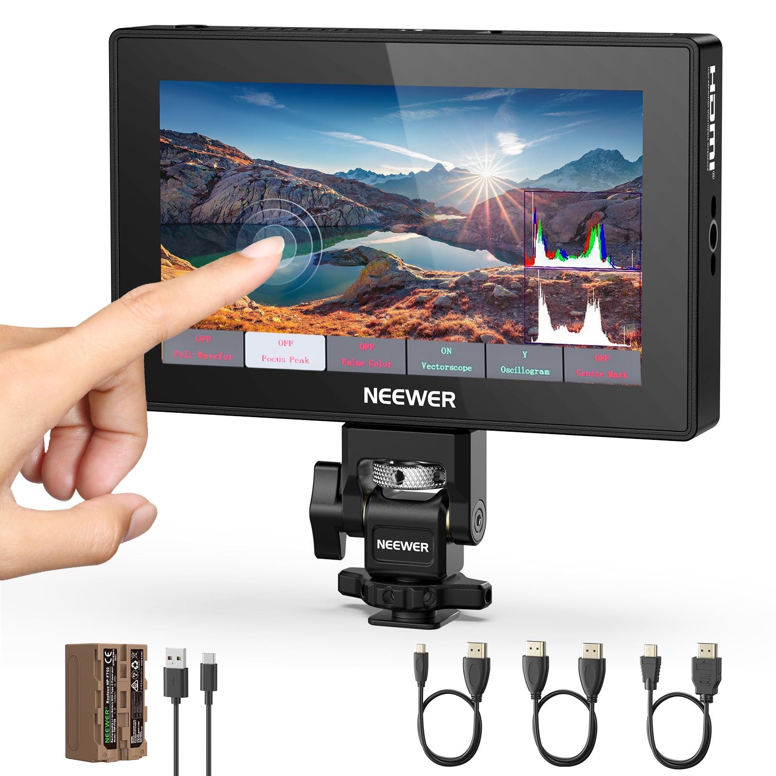 Neewer Kamerazubehör-Set F500 PRO 5,5" Kamera Field Monitor, 4K HDMI Loop In/Out, mit 3D LUT, 2000nit 1920 x 1080 IPS Touchscreen, 5200mAh F750 Akku, HDR Wellenform