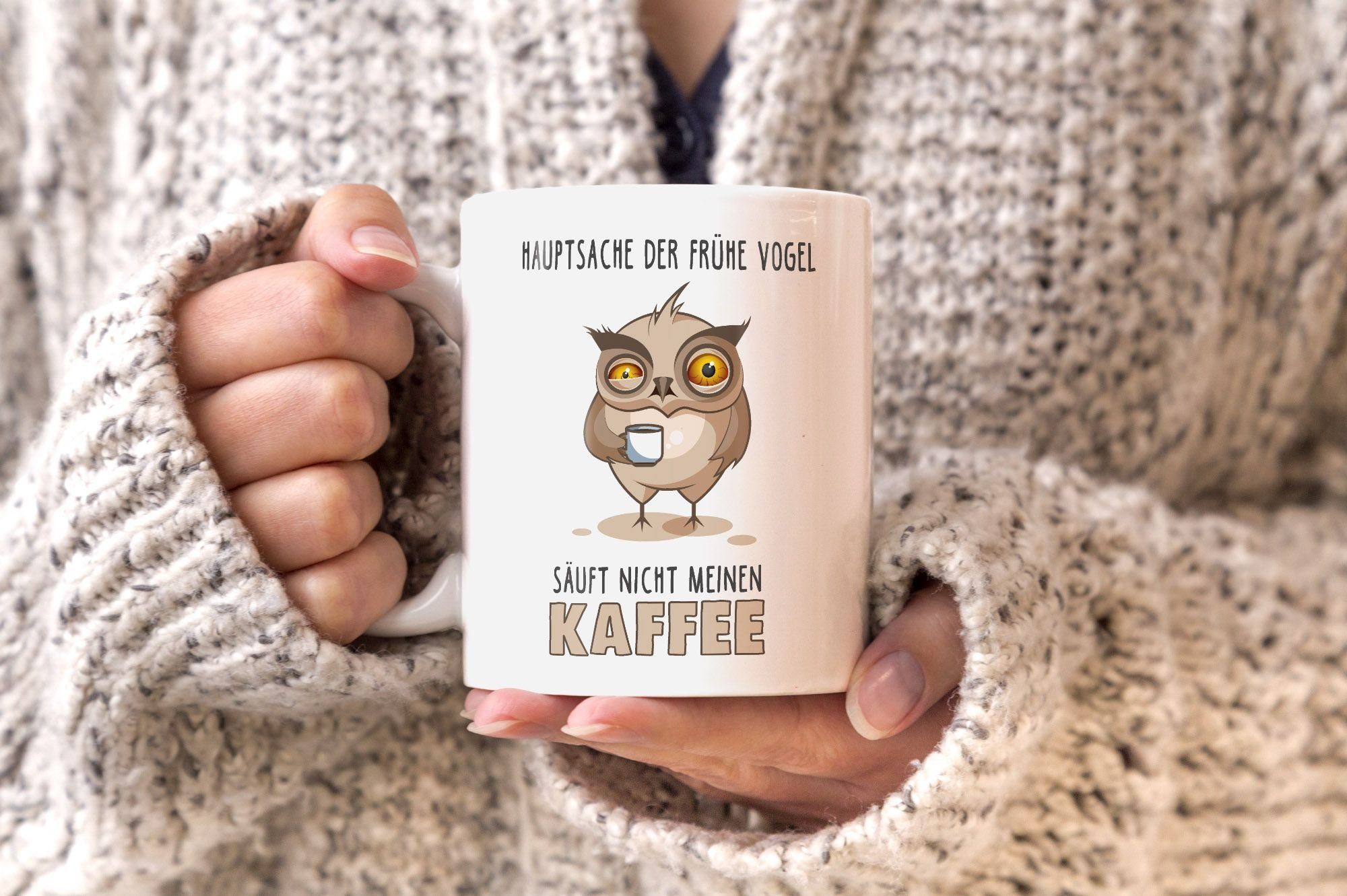 säuft MoonWorks Spruch Kaffee-Tasse Eule nicht frühe Keramik meinen Vogel Vogel Motiv MoonWorks®, der Hauptsache Bürotasse Tasse Kaffee