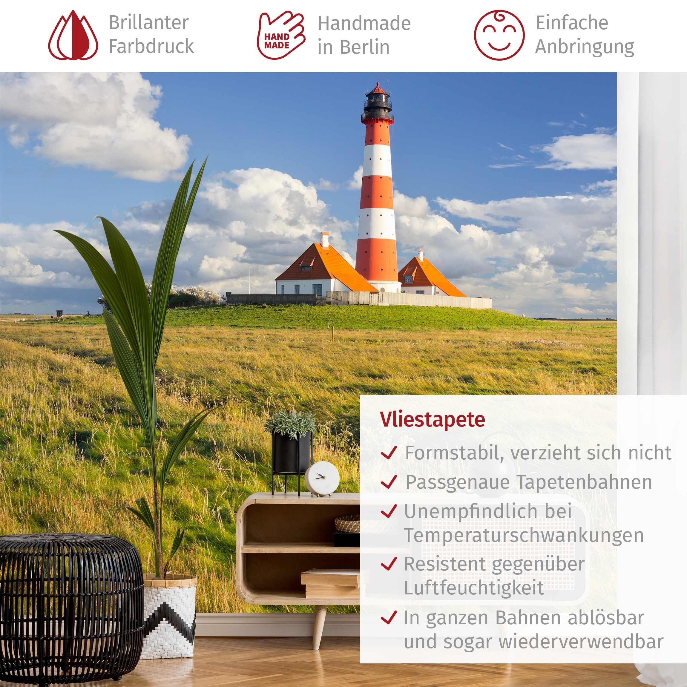 Bilderdepot24 Fototapete Leuchttürme Leuchtturm Schleswig-Holstein Meer Strand Natur Landschaft, Glatt, Matt, (Vliestapete inkl. Kleister oder selbstklebend), Wohnzimmer Schlafzimmer Küche Flur Motivtapete Vliestapete Wandtapete