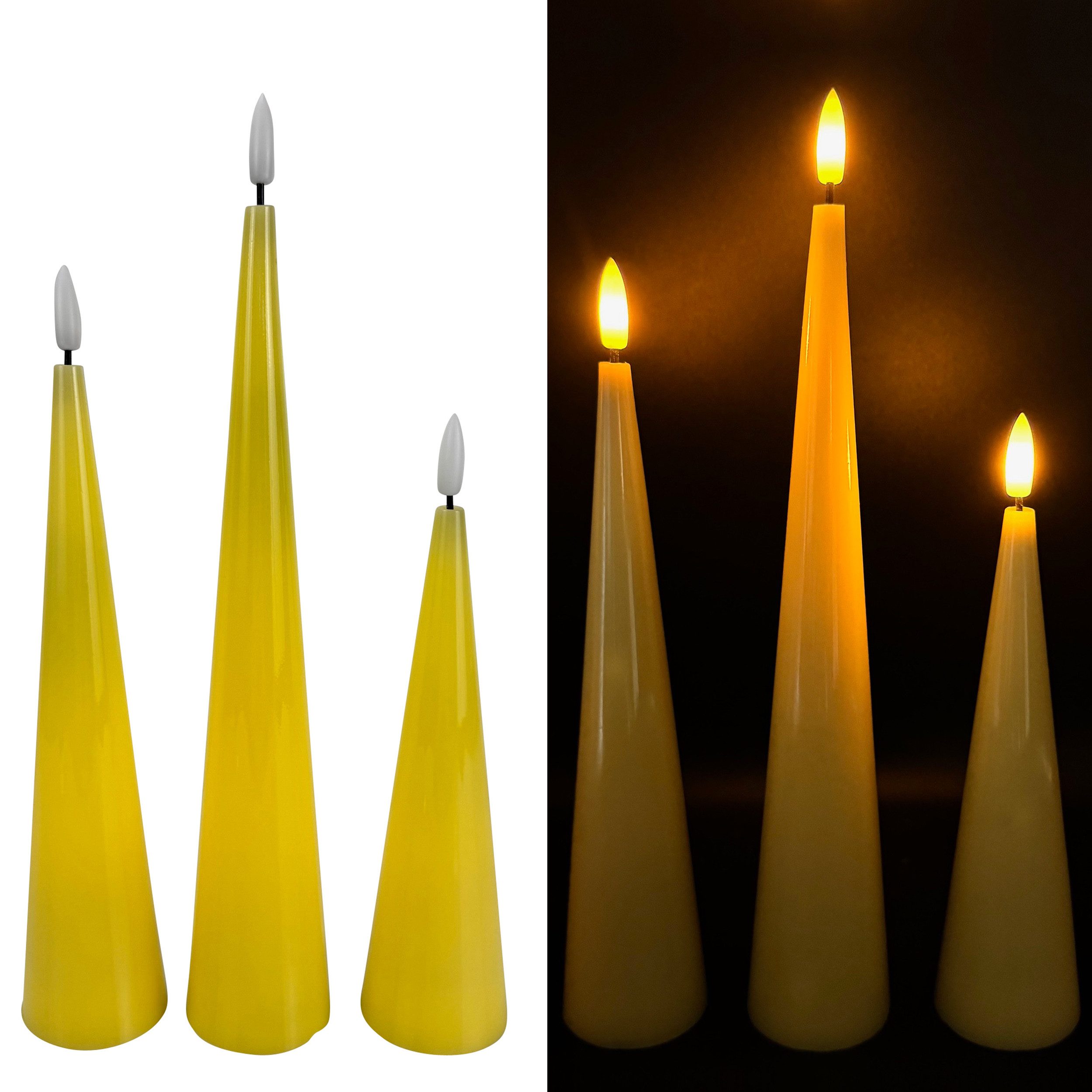 Online-Fuchs LED-Kerze 3 LED-Kerzen, Stabkerzen XL in Kegelform inklusive 6-Stunden Timer (realistische Kerzenflamme, Weiß, Grün, Gelb, Pflaume), modern - elegant - stilvoll