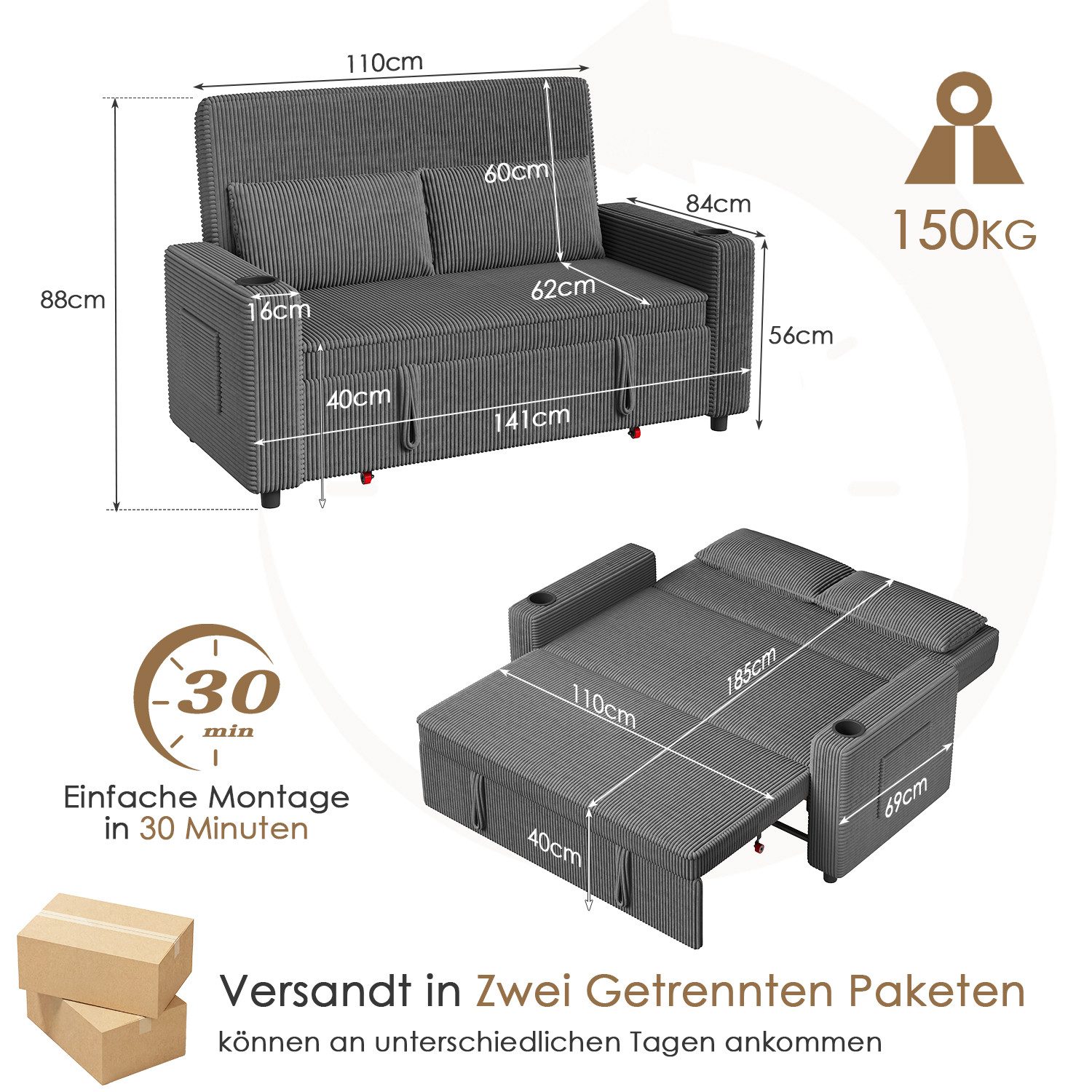 Sofa 2-Sitzer Schlafsofa aus Cord, ausziehbar, Gästebett