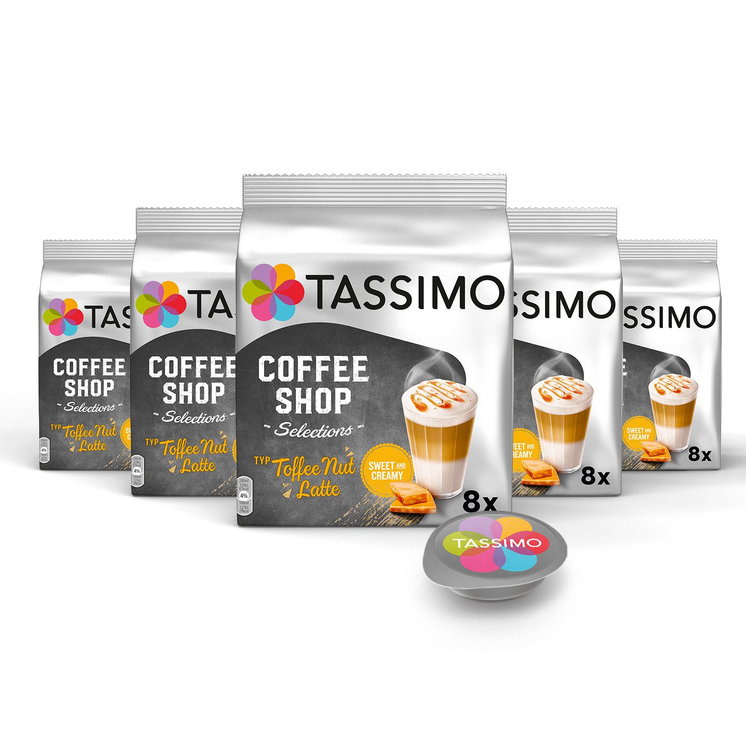 TASSIMO Kaffee Kapseln Toffee Nut Latte Coffee Shop Selections 40 Getränke, (Packung, 5er Pack)