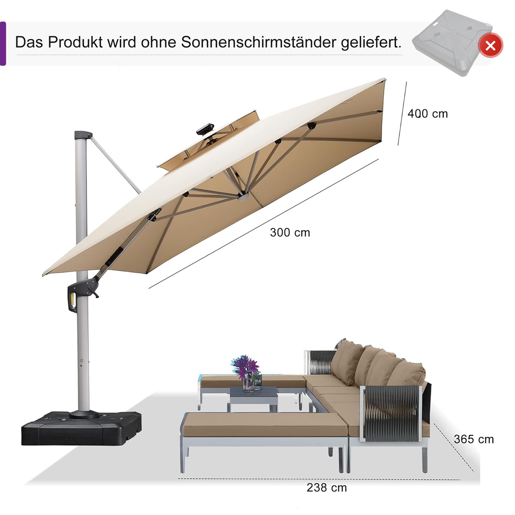 PURPLE LEAF Sonnenschirm Rechteckig Außenbereich Alu Ampelschirm, Gartensch günstig online kaufen
