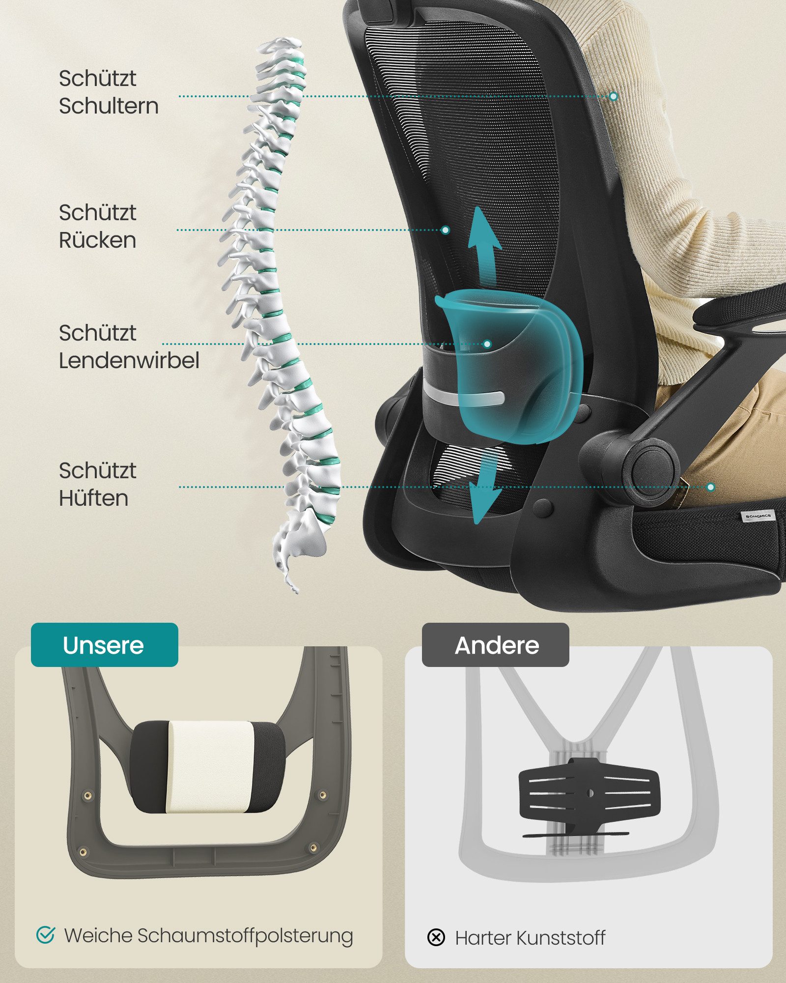 SONGMICS Bürostuhl ergonomischer Drehstuhl mit Mesh, Lendenstütze, Wippfunktion, mit Kopfstütze, 53 cm breite Sitzfläche und klappbaren Armlehnen – Bild 4 von 5