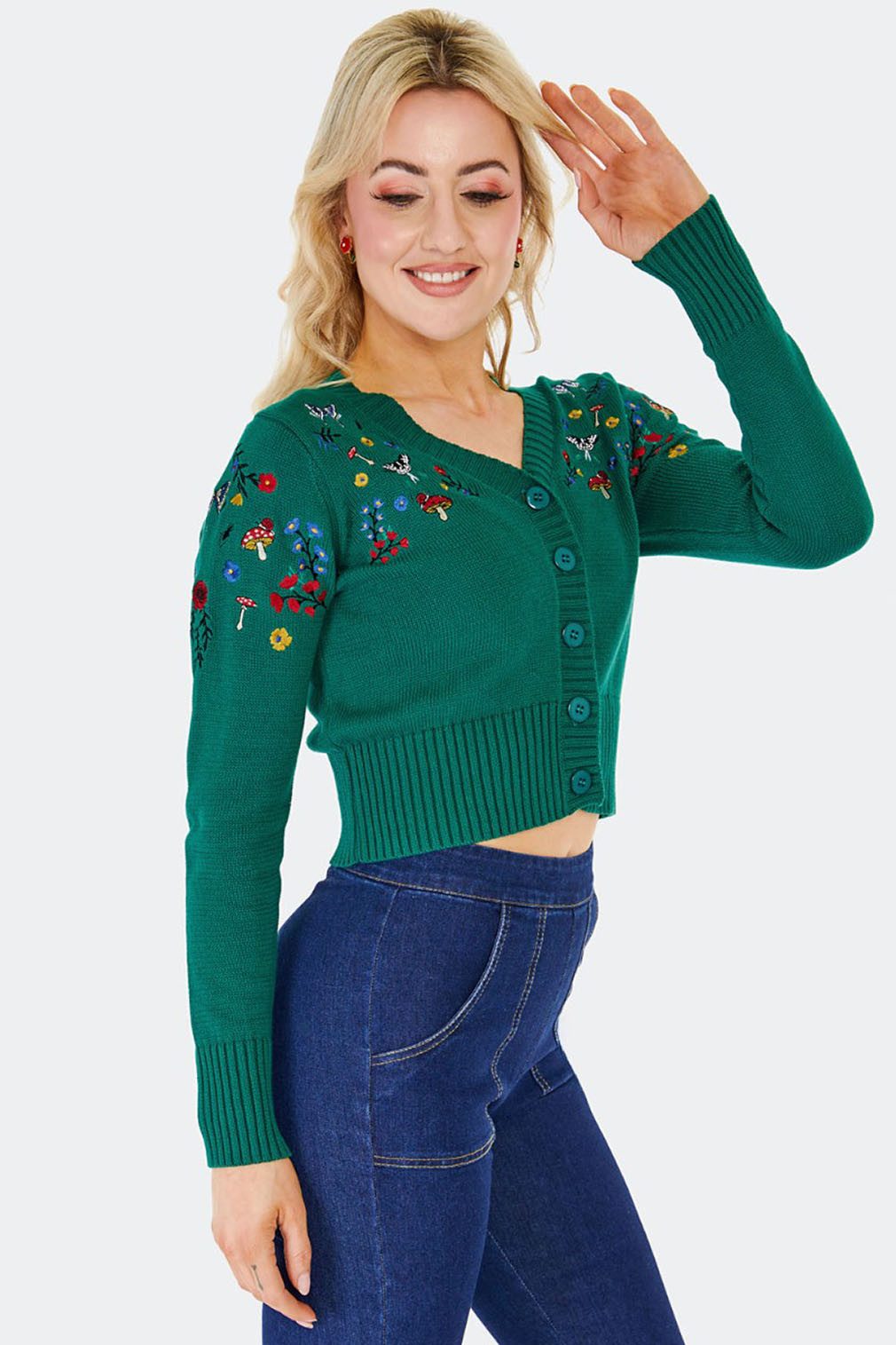 Voodoo Vixen Strickjacke Woodland Embroidery Cropped Cardigan Grün Retro Vintage