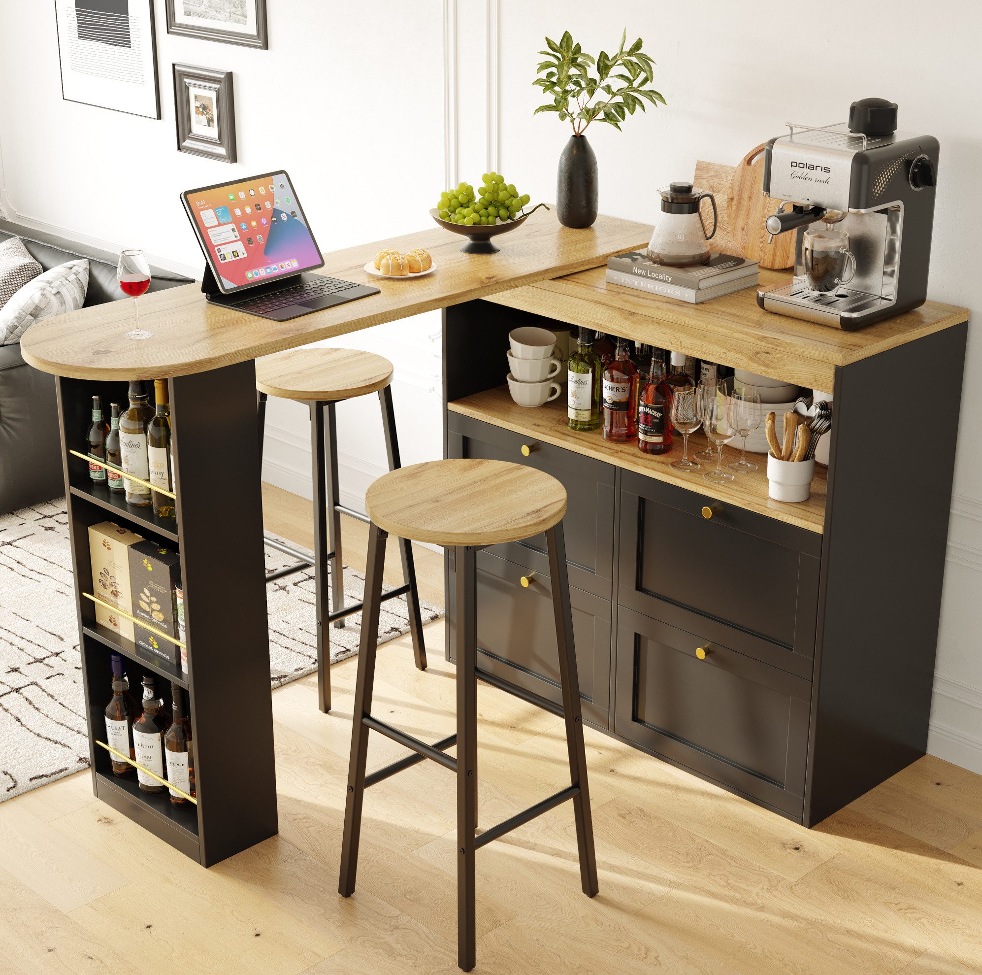 MODFU Kücheninsel Bar-Set für Küche, (mit Stauraum & 2 schwarzen Barhockern, Holzoptik, mit Seitengittern & Schubladen, belastbar bis 150kg pro Hocker)