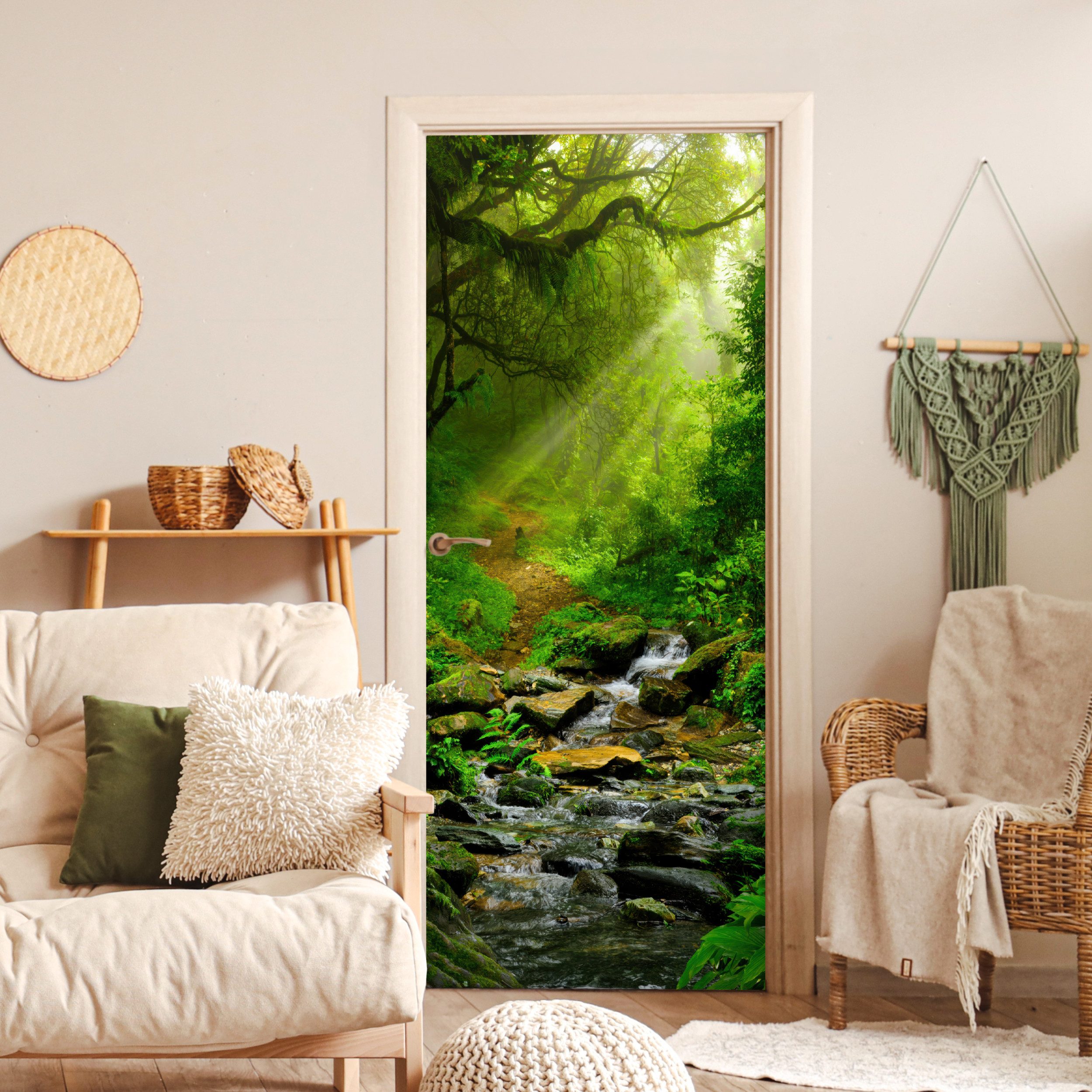 MuchoWow Türtapete Dschungel - Grün - Wasserfall - Natur, Matt, bedruckt, (1 St), Selbstklebende Tapete, Folie für Möbel, 70x215 cm – Bild 4 von 5
