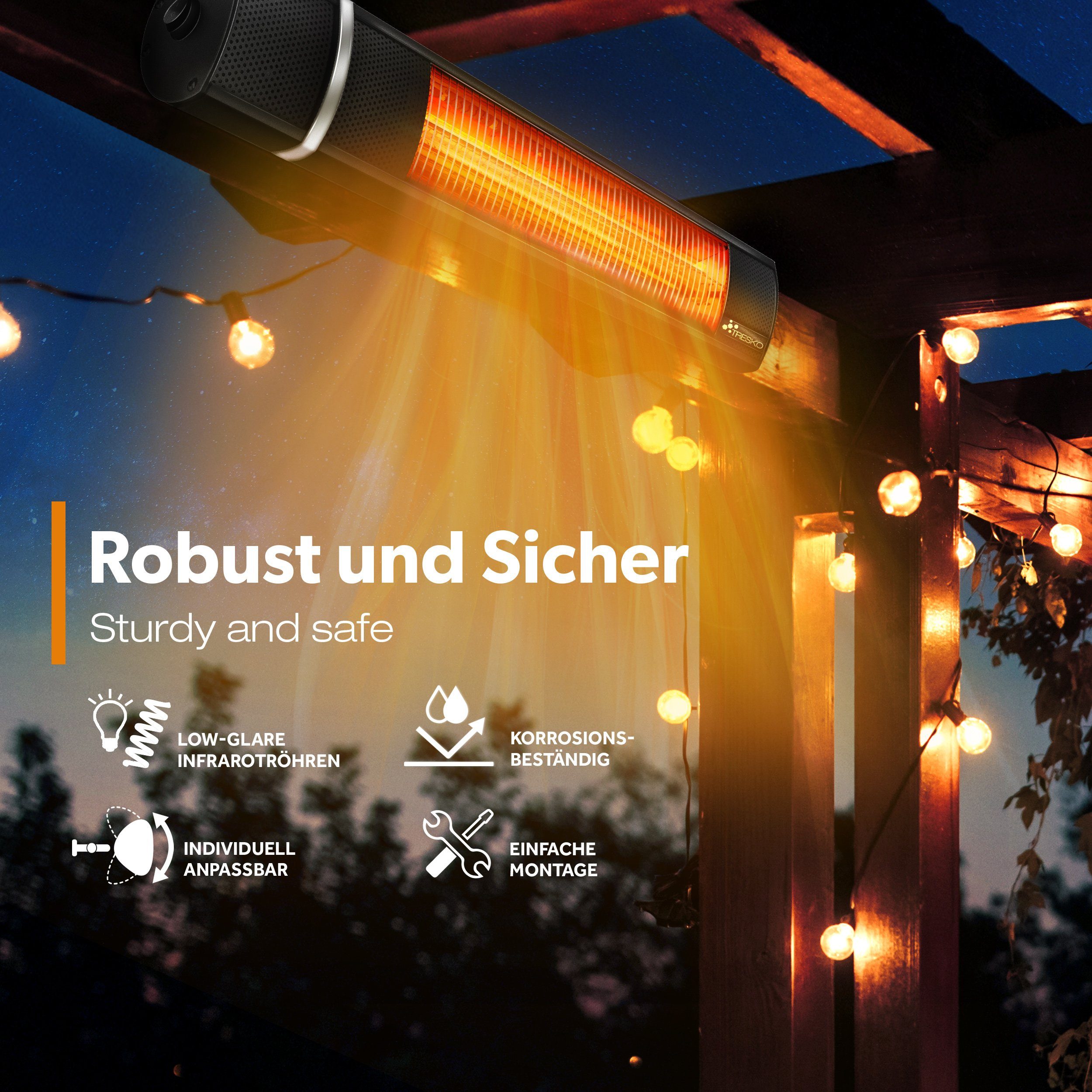 TRESKO Heizstrahler Infrarot 2000W mit Fernbedienung Wärmestrahler Terrasse elektrisch, mit 3 Heizstufen Terrassenstrahler Innen & Außen Wand-Heizstrahler