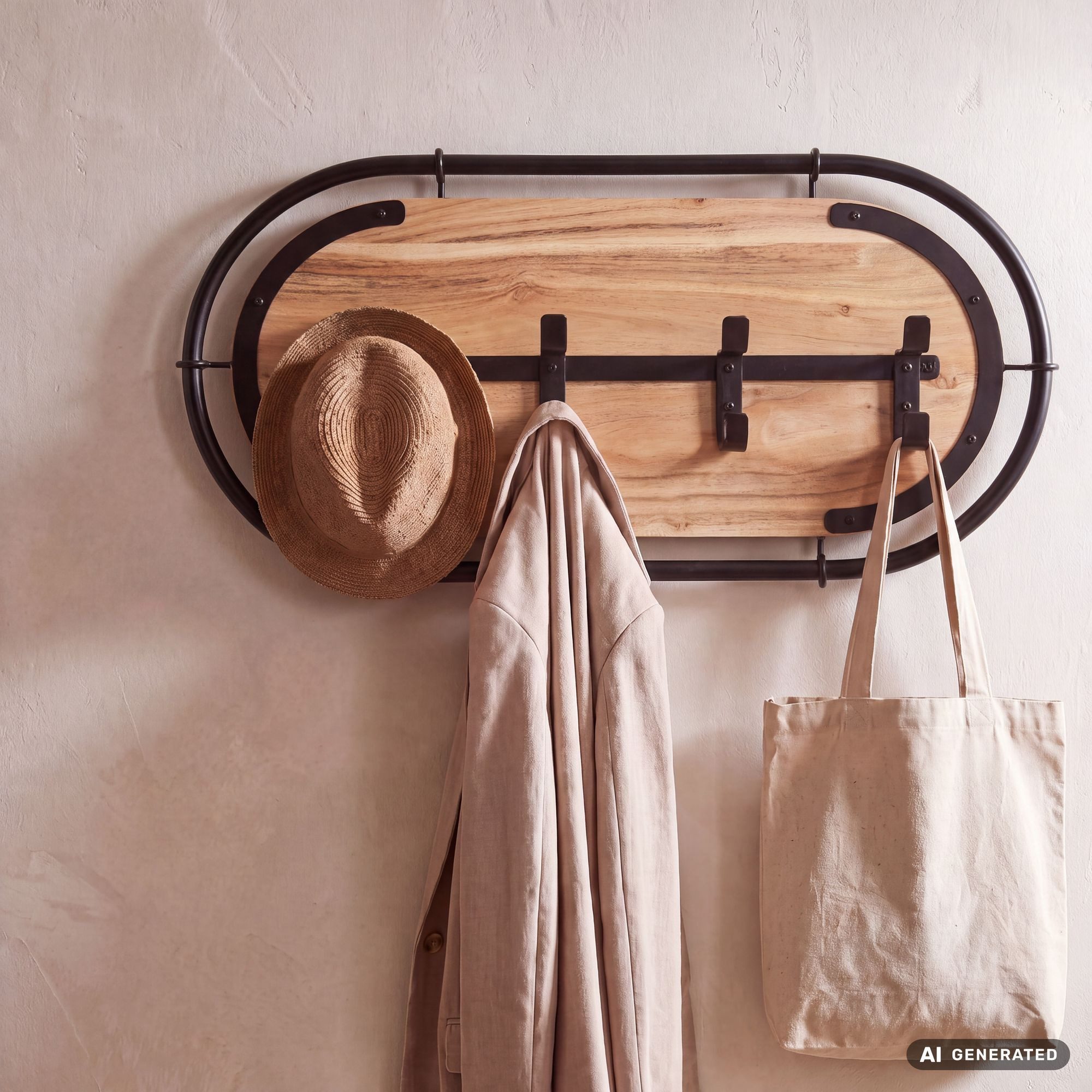 FINEBUY Wandgarderobe FB82158 Hängegarderobe 60cm Garderobe Flurgarderobe Massivholz Metall (Garderobenpaneel mit vier Haken für deinen Flur), Garderobenleiste mit ovalem Metallrahmen