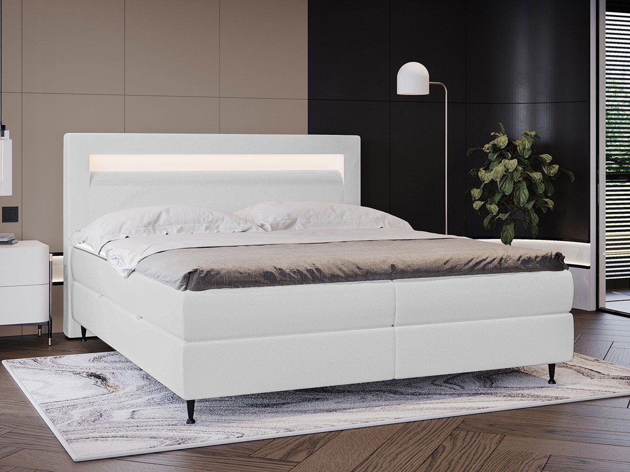 MIRJAN24 Boxspringbett Ovo (zwei Bettkästen für die Bettwäsche), 140/160/180 cm, Polsterkopfteil, Beleuchtung, Metallfüße
