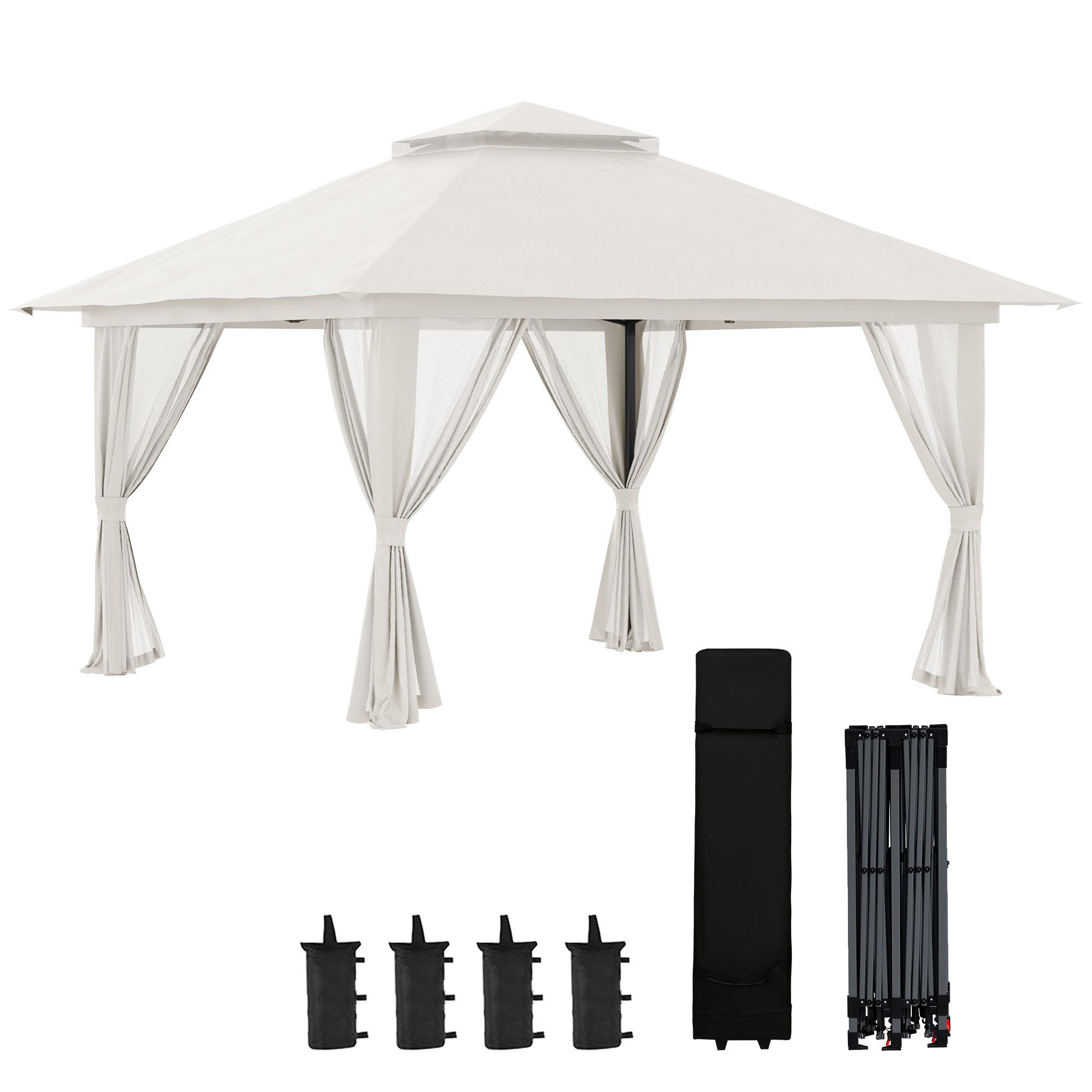 Outsunny Faltpavillon ca. 4 x 4 m Pavillon mit 4 Netzvorhängen, Gartenpavillon mit UV-Schutz, mit 4 Seitenteilen, (Bierzelt, Partyzelt), für Garten, Balkon, Cremeweiß