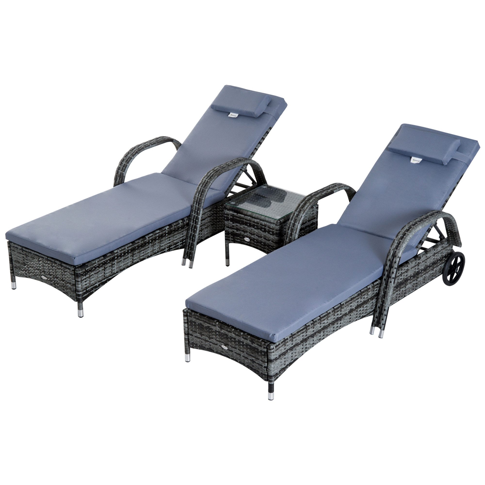 Outsunny Gartenlounge-Set Gartenliege mit Tisch 3er-Set Gartenmöbel Polyrattan+Metall, (Liege, 3-tlg., Sonnenliege), für Garten, Balkon, Grau – Bild 2 von 5