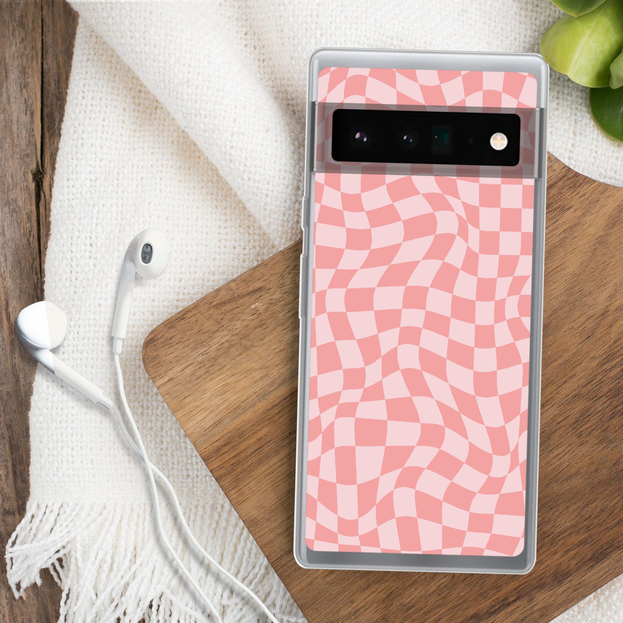 MuchoWow Handyhülle für Google Pixel 6 Pro Quadratisches Muster - Rosa - Wellenlinien, Handy Case, Silikon, Bumper Case Dünn