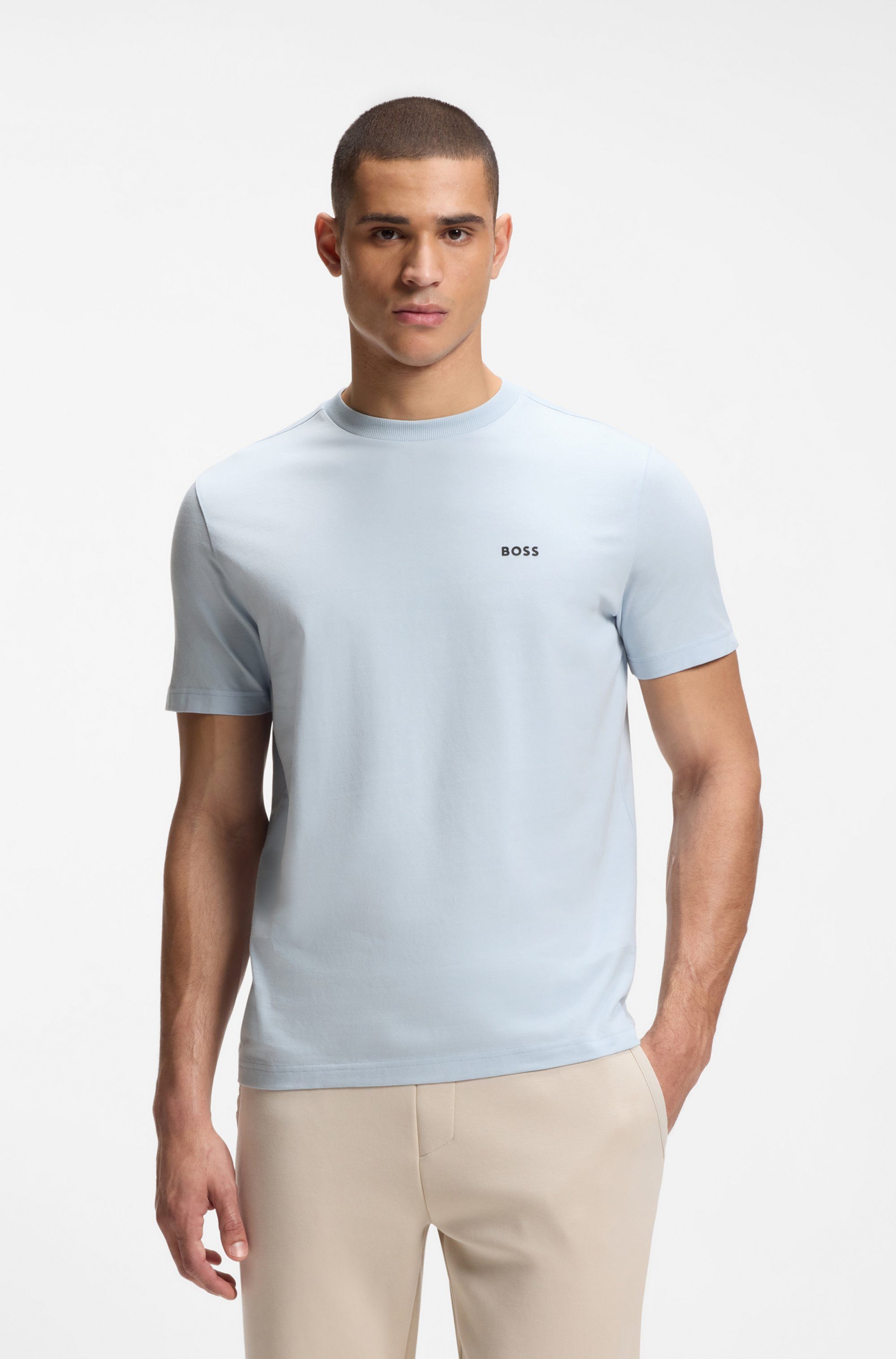 BOSS GREEN Rundhalsshirt Tee Regular Fit Stretch Jersey Cotton, Logo on Chest, Rundhals