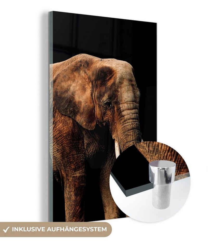 MuchoWow Acrylglasbild Elefant - Schwarz - Terrakotta, (1 St), Glasbilder - Bilder auf Glas Wandbild - Foto auf Glas - Wanddekoration