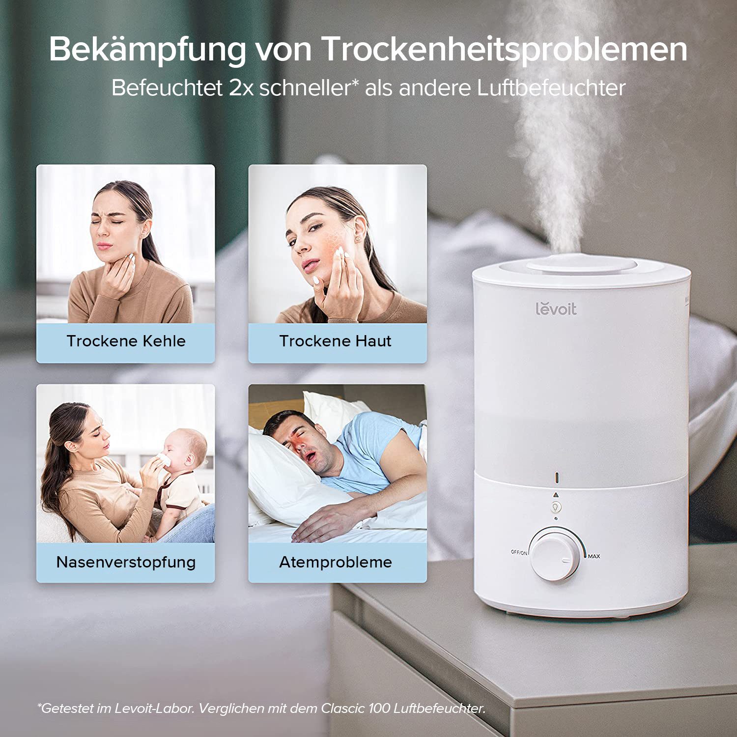 Levoit Kombigerät Luftbefeuchter und -reiniger Dual 150 Ultrasonic Cool Mist Humidifier, für 27 m² Räume, Top-Fill, 3 l, mit Nachtlicht, 25 Std. Laufzeit, spülmaschinenfest