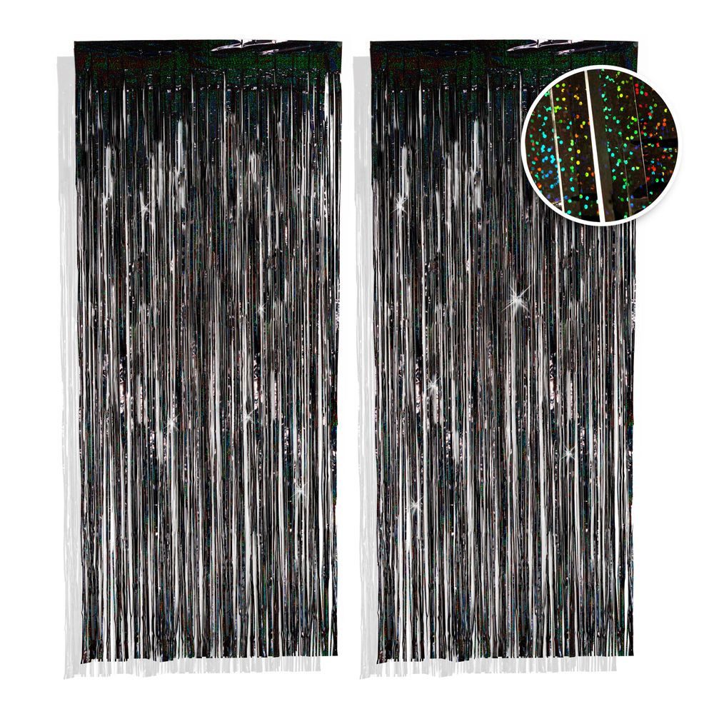 PHENO FLAGS Flagge 2 Stück Lametta Vorhang - Deko, Lametta Girlande für Ihre Party, Funkelnden Metallic-Look in schwarz