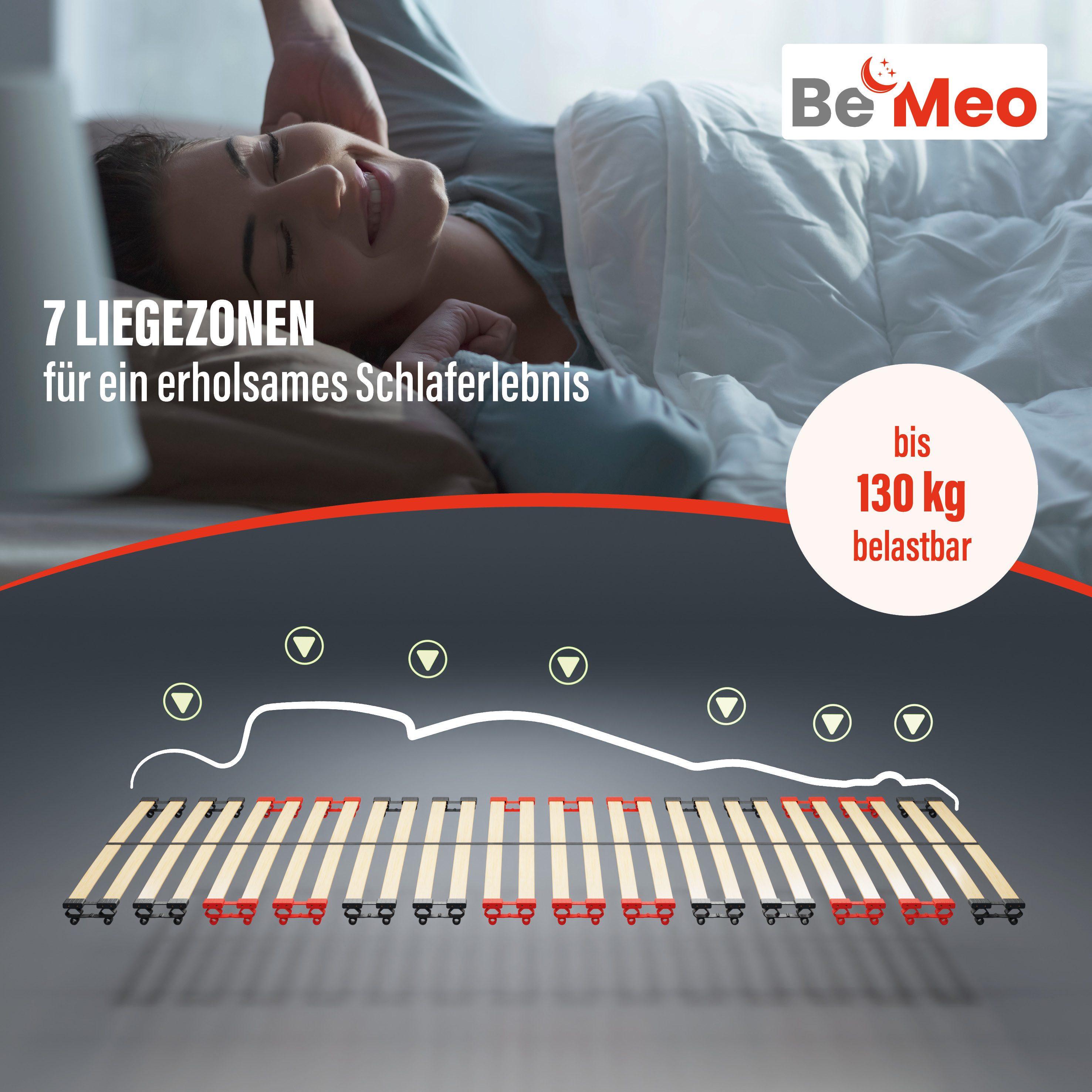 Lattenrost BeMeo Basic 80x200 Extra Stabil bis 130kg, BeMeo, 7 ergonomische Liegezonen mit 28 Leisten Made in Germany