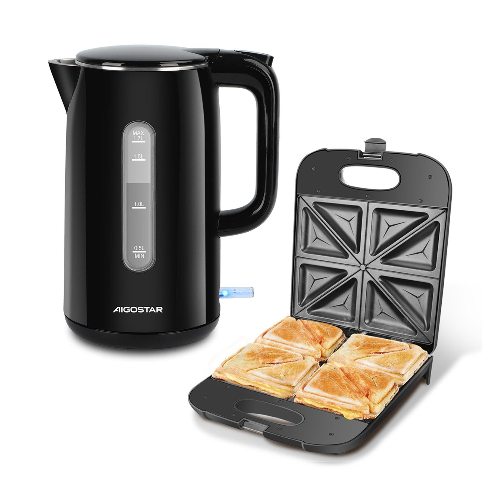 Aigostar Frühstücks-Set Doppelwand Wasserkocher Edelstahl 1,7 Liter/Sandwichmaker XXL 1400 W, Antihaftbeschichtung, schnelles Aufheizen, kalter Griff, Doppelwand