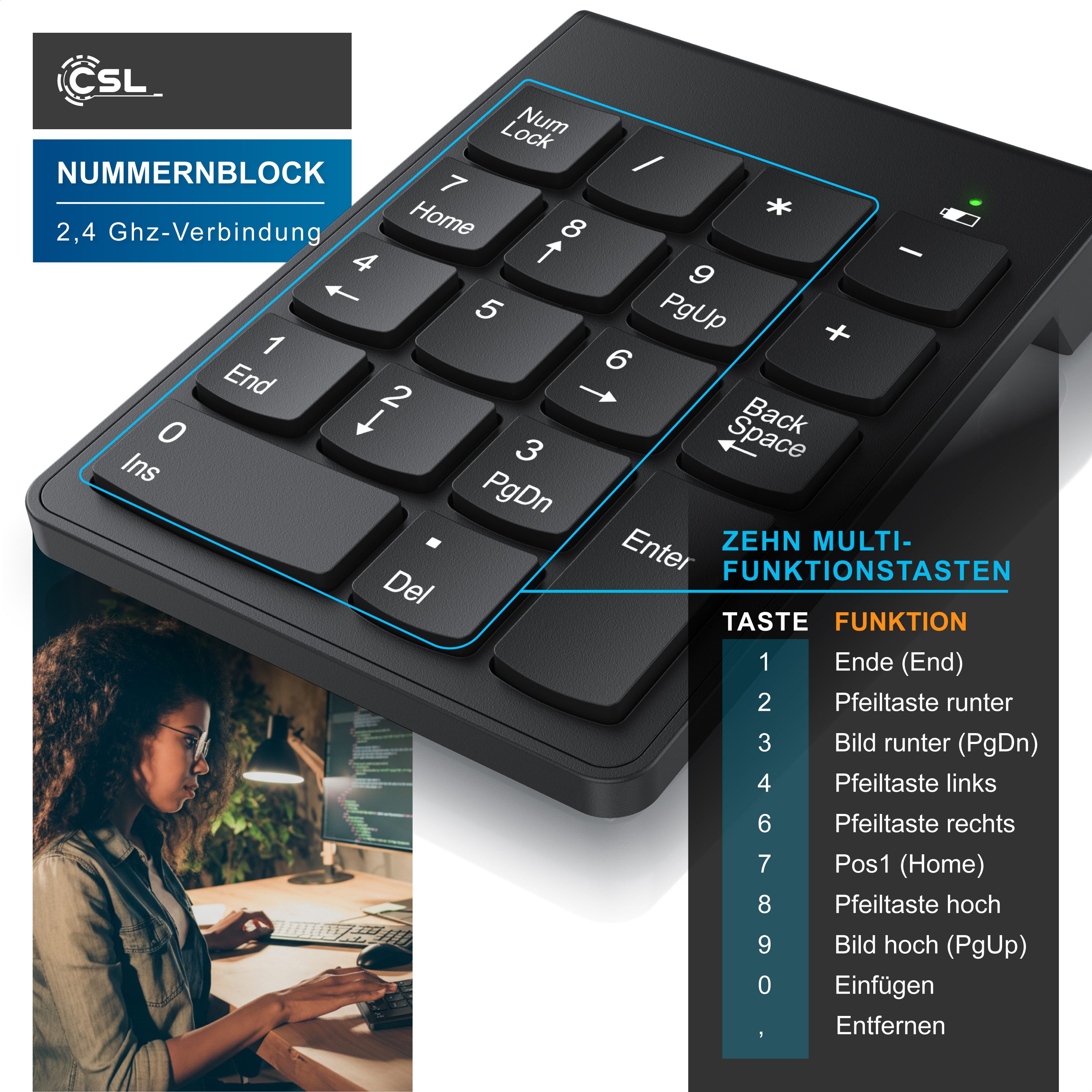 CSL Numpad kabellos, 2,4Ghz Keypad mit Mulitmediatasten, Nummerntastenfeld Wireless-Tastatur (Nummernblock Zusatztastatur, 10 Multimedia Keys, 18 Tasten, Laptop, PC)
