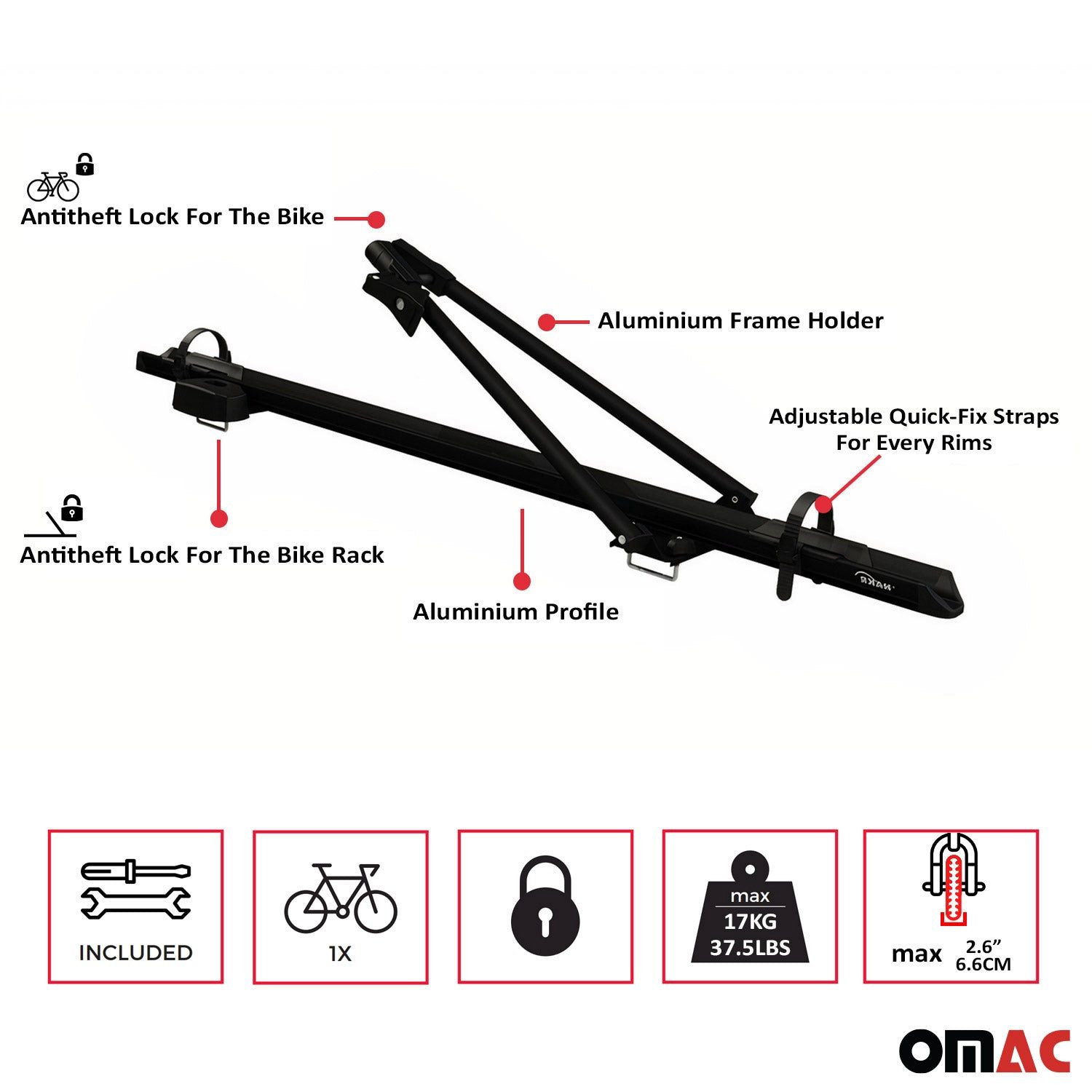 OMAC Dachfahrradträger Dachfahrradträger bis 17 kg Aluminium Schwarz 2 SET, (2-tlg), Abnehmbar, Leichtgewichtig