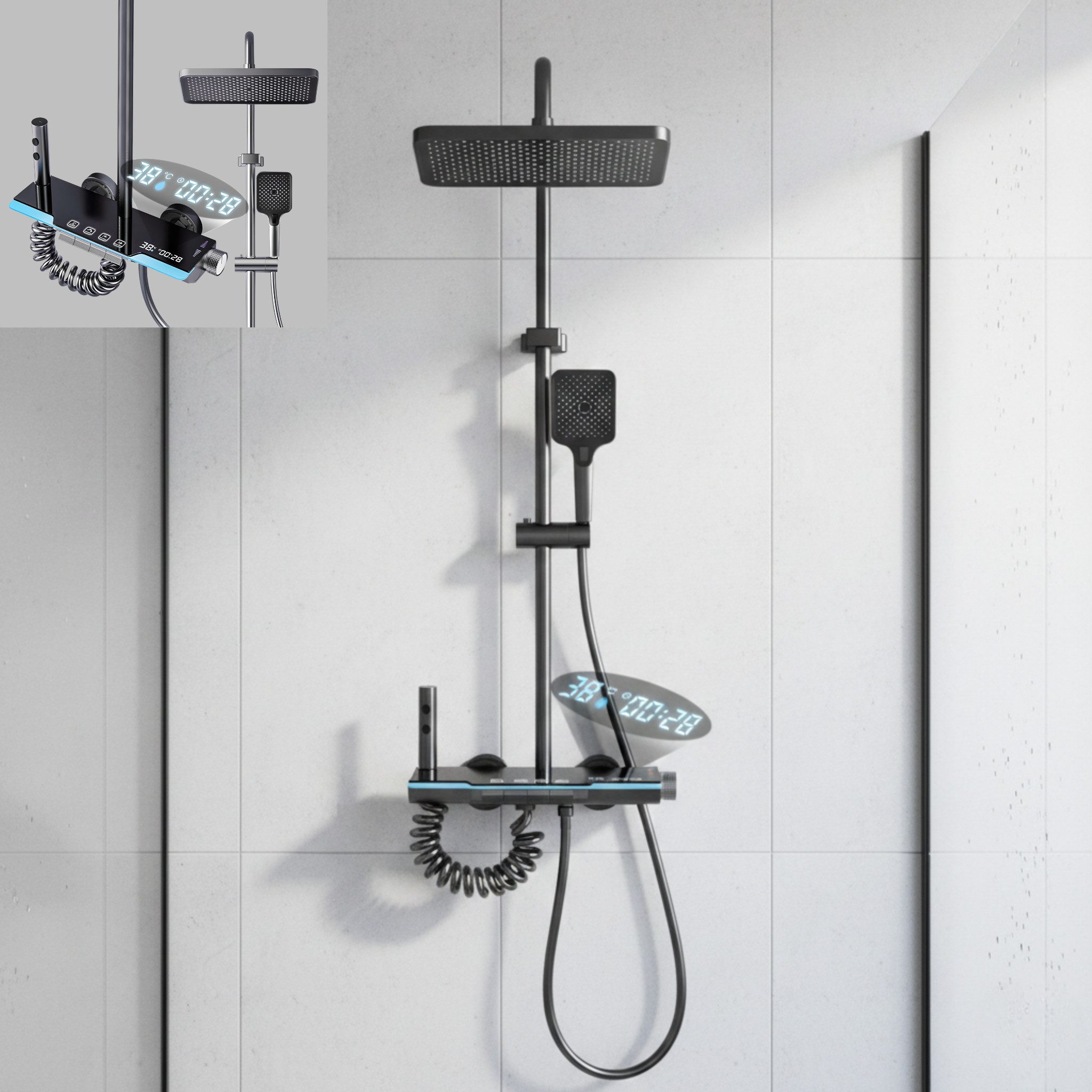 LuxaSteel Duscharmatur Duschsystem mit LED Display & Thermostat – Regendusche Set (Komplettset, Komplett-Set) Mit Wasseerfallauslass, zwei Handbrausen, LED-Beleuchtung & Display