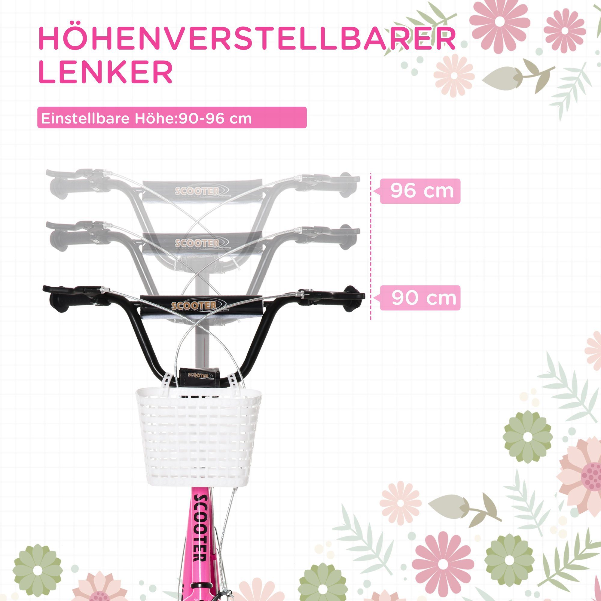 HOMCOM Cityroller Kickscooter inkl. Korb, höhenverstellbar, für Kinder 5-12 Jahren, 1 km/h, (Roller, 1 tlg., Kickscooter), für 5-12 Kinder, Rosa+Schwarz