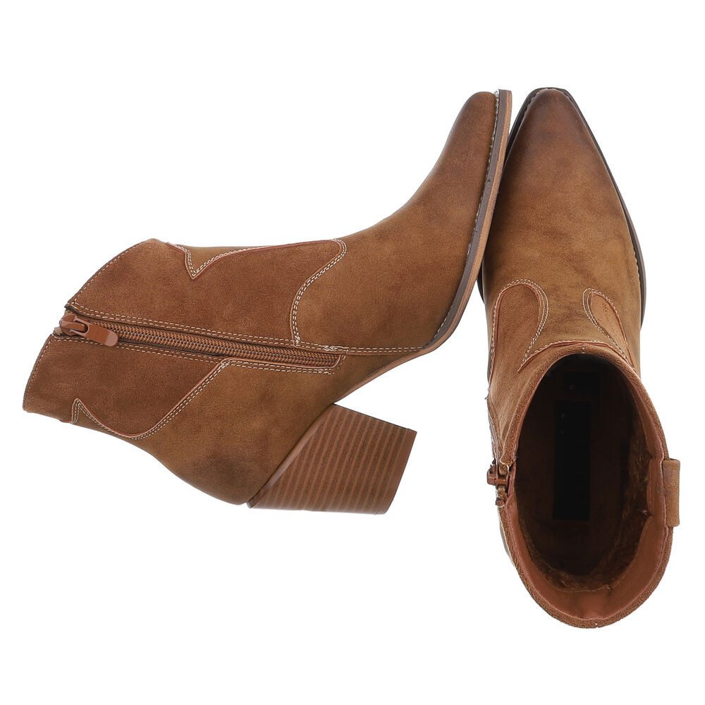 Ital-Design Eleganter Ankle Boot mit geschwungenen Details für Damen Westernstiefelette (90110072) Blockabsatz Stiefeletten in Camel