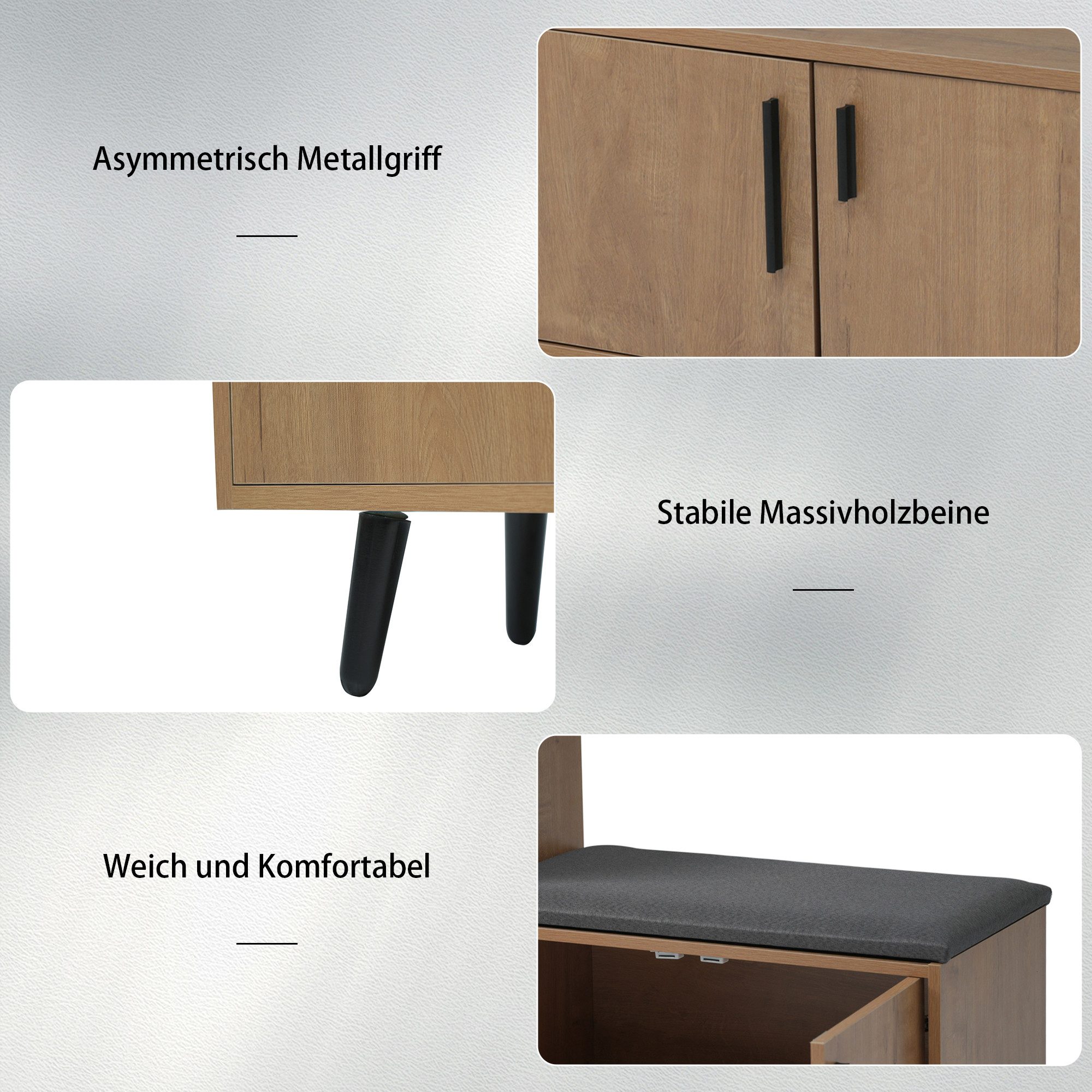 Flieks Schuhschrank (B100/T34/H69 cm, 1-St., gepolsterter Sitzfläche und Metallgriff, ca 10 Paar Schuhe) Schuhwechselhocker mit Seitenschrank Schuhbank mit 3 Tü – Bild 5 von 5