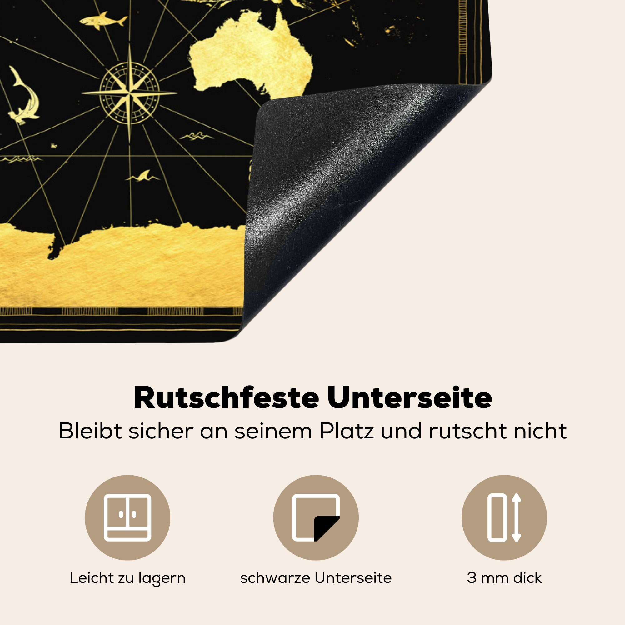 MuchoWow Herdblende-/Abdeckplatte 81x52 die Luxus, - Schwarz - Induktionskochfeld Schutz Gold (1 tlg), küche, für Ceranfeldabdeckung cm, - Vinyl, Weltkarte