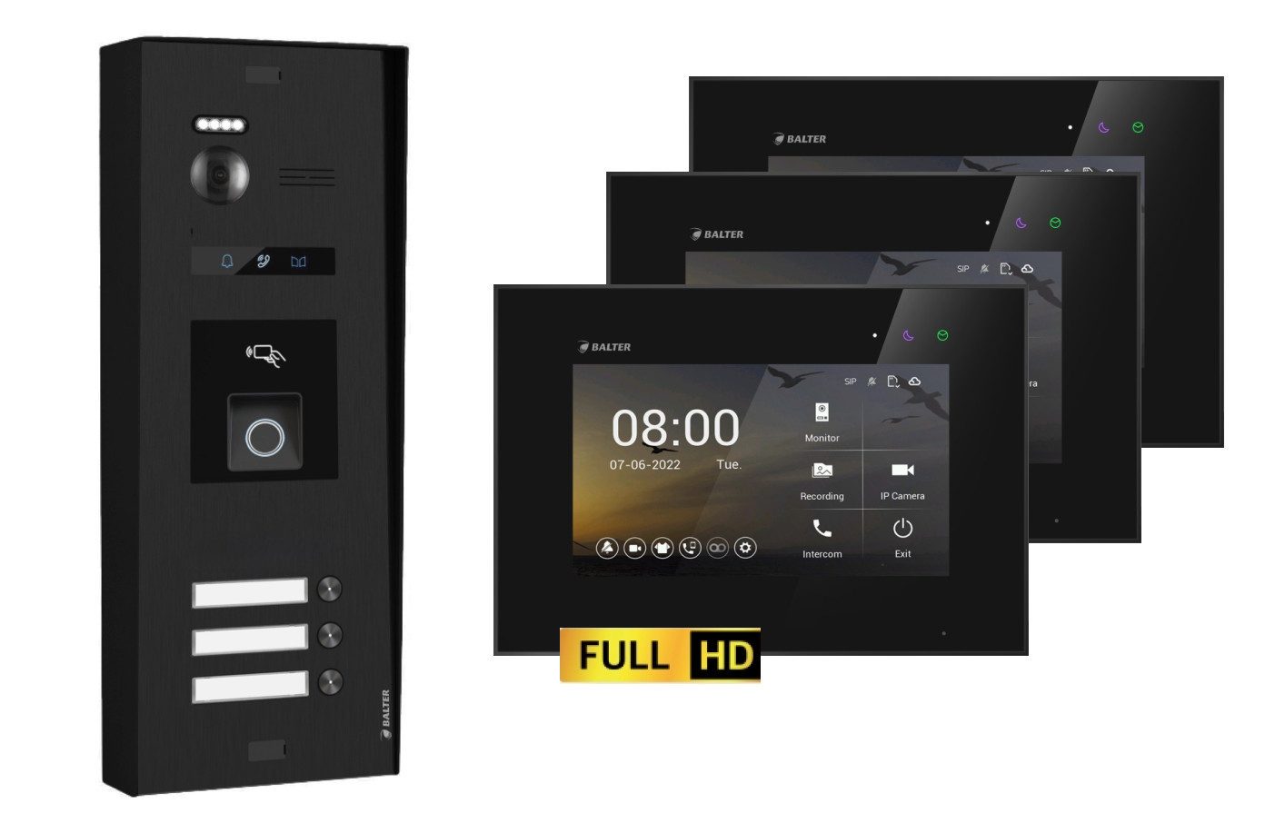 Balter Video-Türsprechanlage BALTER EVO-HD Aufputz Türsprechanlage 3-Familienhaus Schwarz (Set, 3-Familienhaus, Komplettset, Full HD 175° Kamera, Fingerprint, RFID)