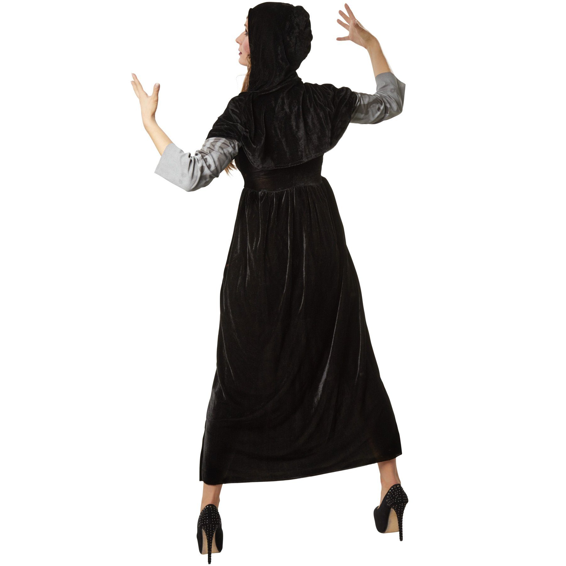 dressforfun Hexen-Kostüm Frauenkostüm Machtvolle Magierin, Langes, edles Gewand aus schwarzem Samt