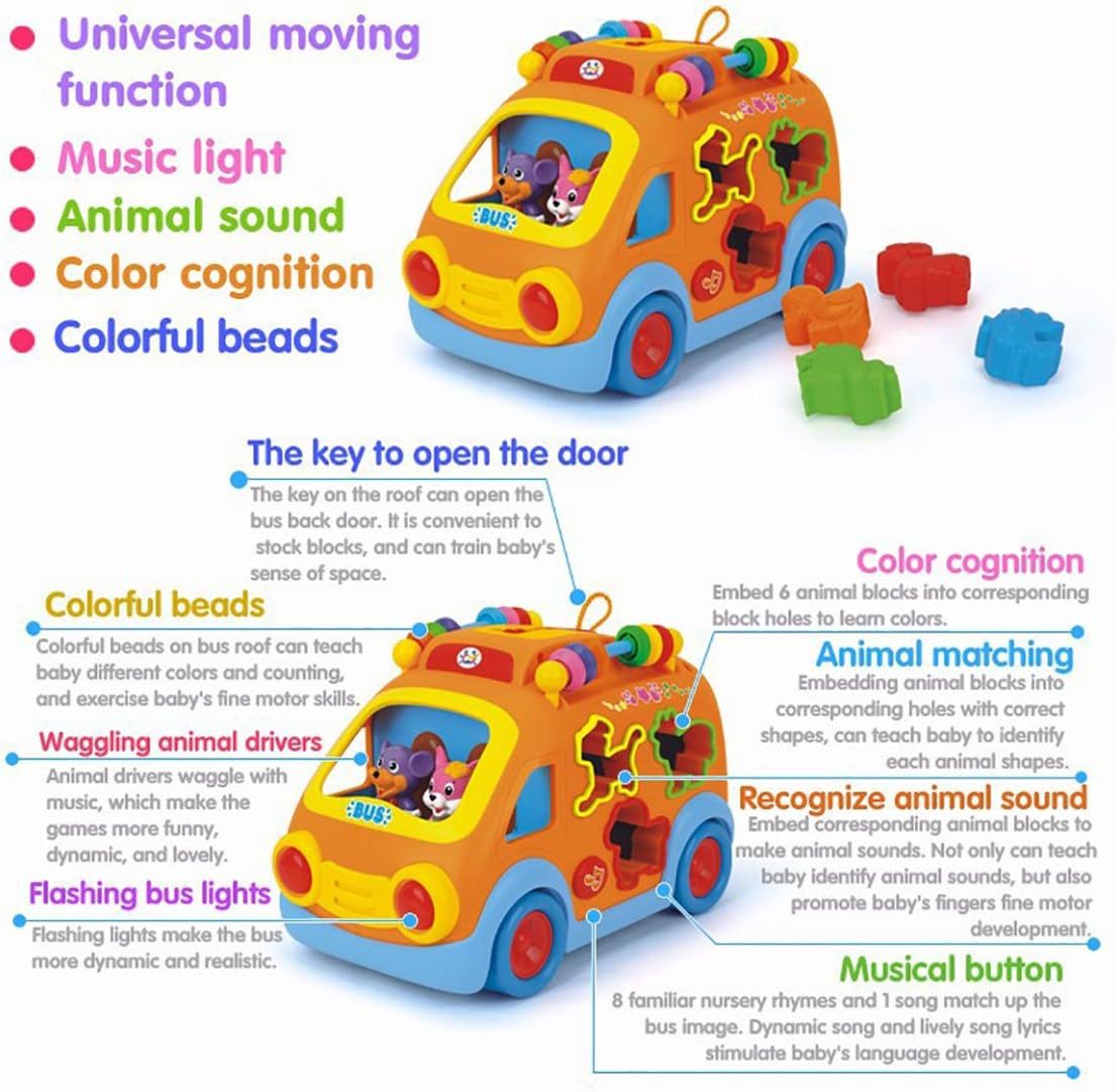 REMOKING Spielcenter Happy Bus Lernspielzeug mit Licht & Musik und Tierformen Kleinkinder, (Elektrisches Lernspielzeug mit Formsortierer), Formsortierer mit Tierformen Motorikfördernd Farbenfrohes Design