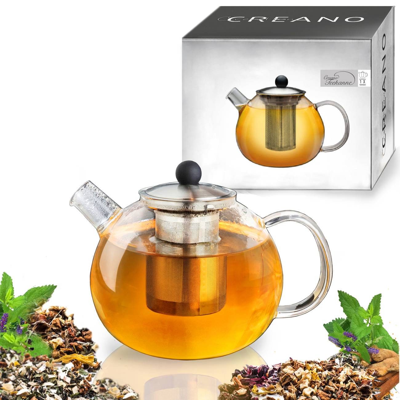 Creano Teekanne Teekanne 1,0 Liter mit Edelstahlsieb und Edelstahldeckel, 1 l, 1x Glasteekanne