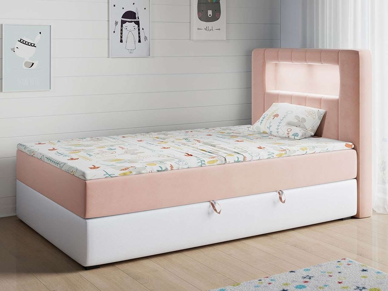 MKS MÖBEL Kinderbett GOLD 1 JUNIOR, Funktionsbett Bett Boxspringbetten für Kinderzimmer, Einzelbetten Rosa und Weiß | Babybetten