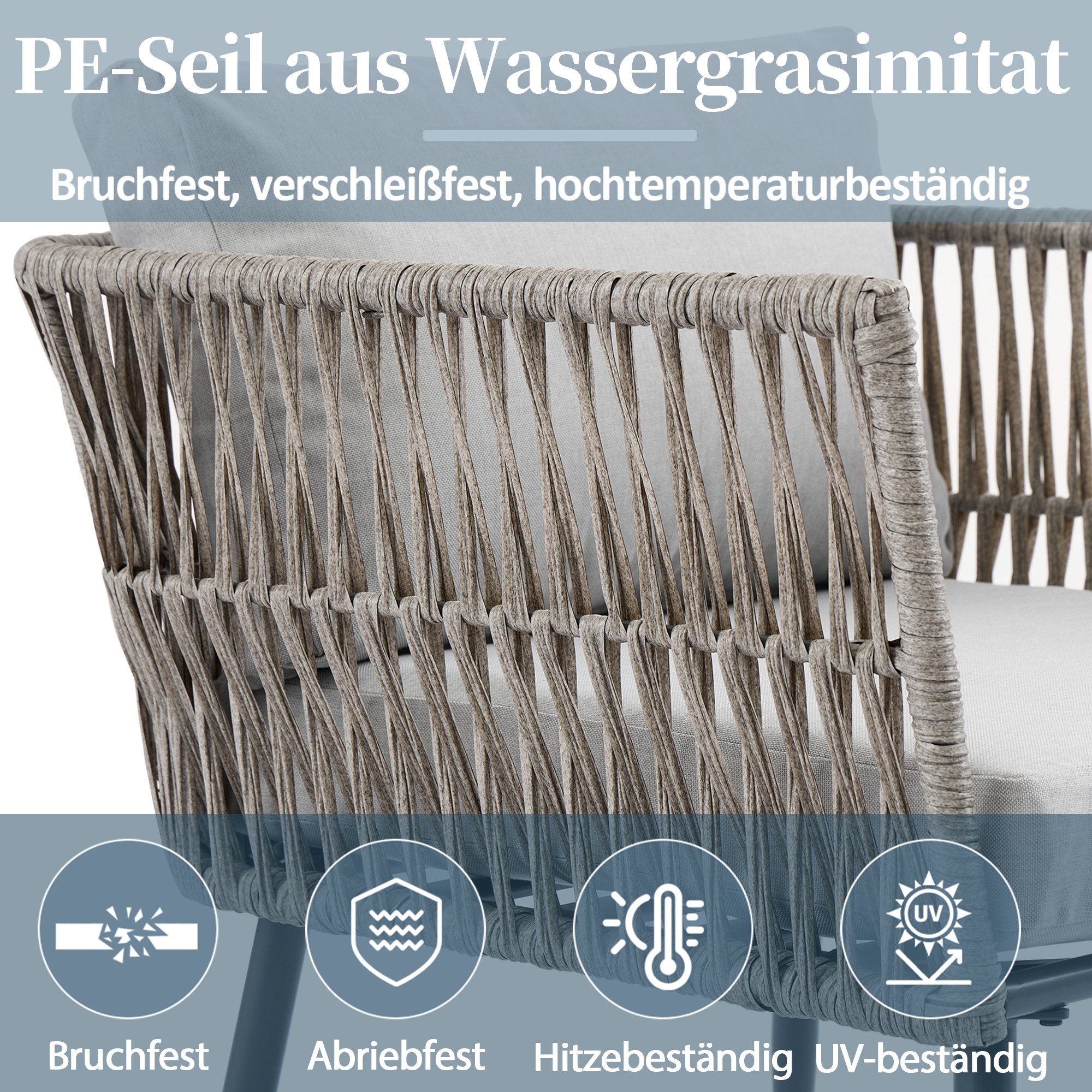 Flieks Gartenlounge-Set, 4-Sitzer Seil Gartenmöbel, Doppelsofa 2 Sessel & Tisch mit Glasplatte