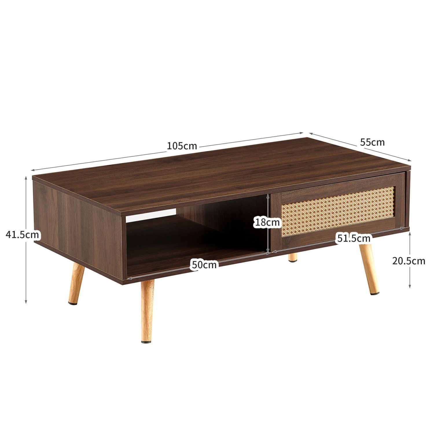 ANYSUN Couchtisch 105cm,Wohnzimmertisch mit Stauraum und Schiebetüren, Geflecht-Design, verstellbare Füße und einfache Montage