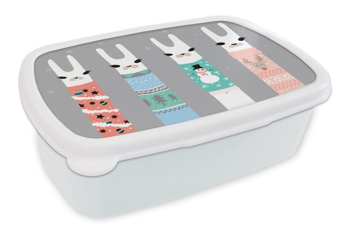 MuchoWow Lunchbox Lama - Weihnachtspullover - Grau, Kunststoff, (2-tlg), Brotbox für Kinder und Erwachsene, Brotdose, für Jungs und Mädchen weiß