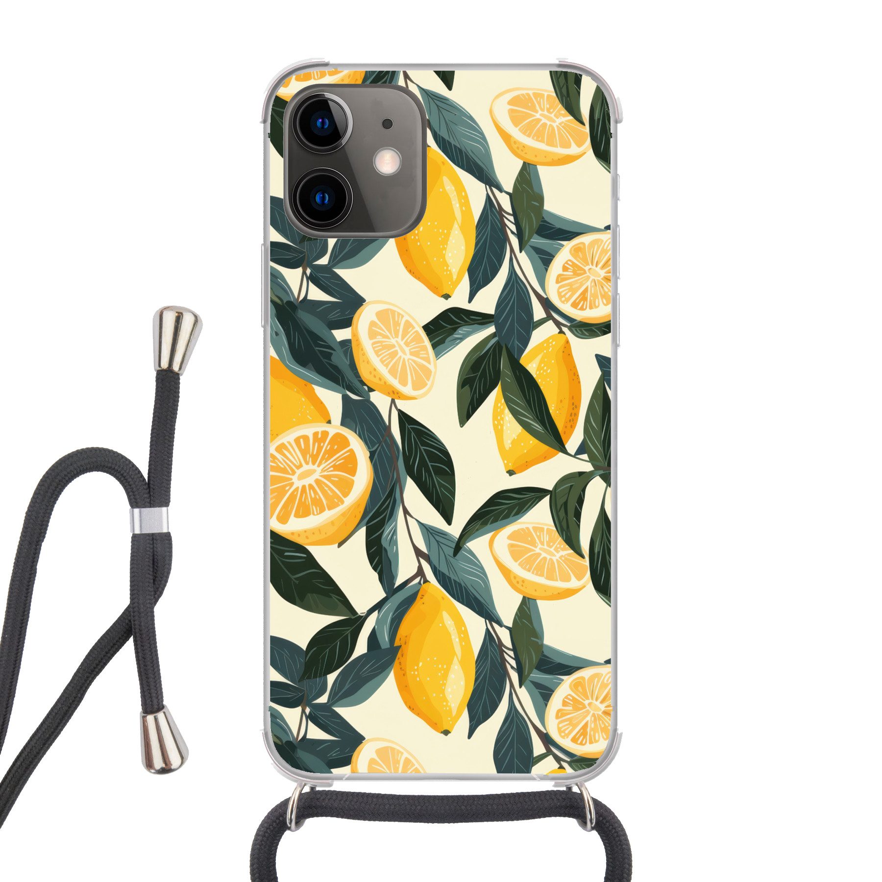 MuchoWow Handyhülle für Apple iPhone 12 Zitronen - Früchte - Blätter - Gelb - Grün - Beige, Tragbare Handyhüllen mit Kette zum umhängen, Handykette Handyband