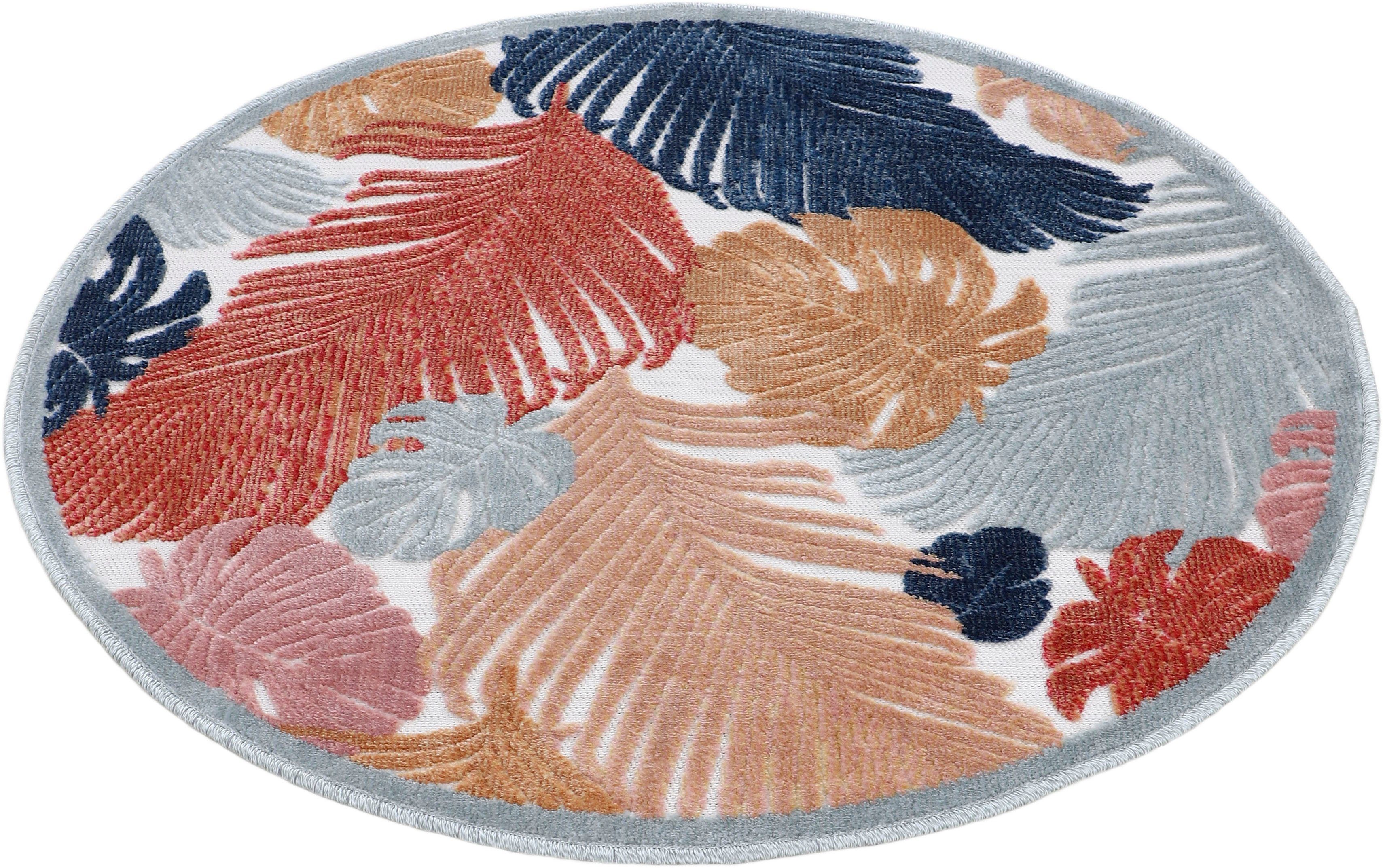 Teppich Deja 104, carpetfine, rund, Höhe: 4 mm, robustes Flachgewebe, Motiv- Floral Palmenblätter, Hoch-Tief Effekt multi