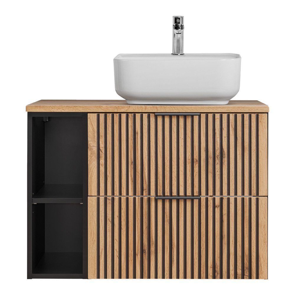 Lomadox Waschtisch XANTEN-56, 80 cm Regal und Waschbecken in anthrazit mit Eiche Nb. schwarz gerillt