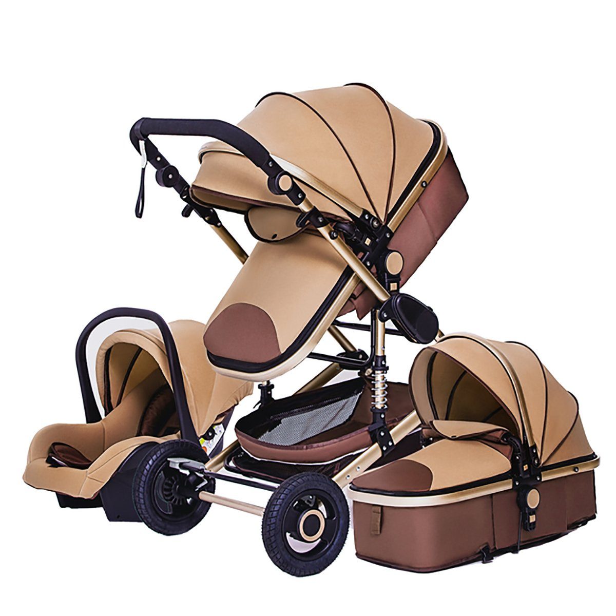 TPFFamily Kombi-Kinderwagen Babyschale Baby Buggy Babywanne 5-Punkt-Sicherheitsgurt Moskitonetz, Getränkehalter Kinderwagen 3 in 1 inkl. großem Zubehörset Khaki