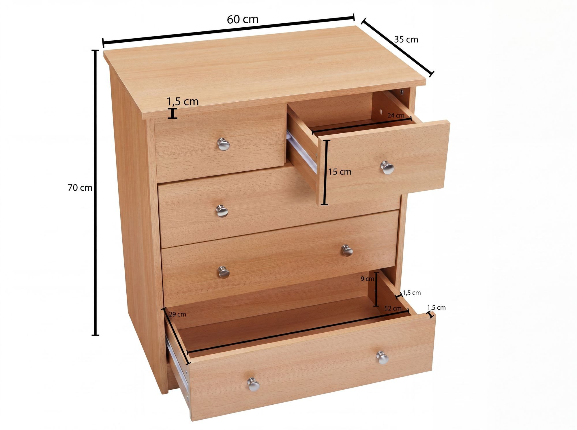 FineBuy Design Holz-Kommode 60 x 70 x 35 cm mit 5 Schubladen, Mehrzweckanrichte flach für Flur, Modernes Sideboard zeitlose Anrichte – Bild 3 von 5