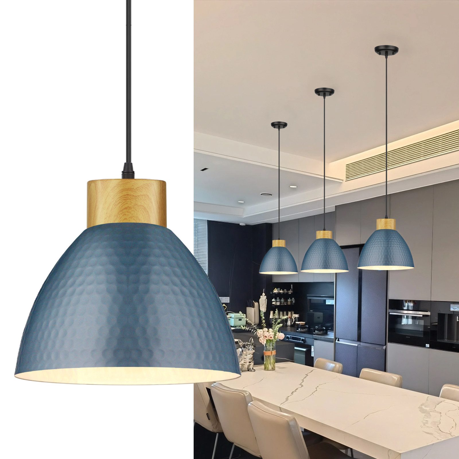 POPOLIC Pendelleuchte Deckenlampe Deckenleuchte höhenverstellbar bis 165cm, dimmbar, Holzoptik, inkl. Montagezubehör, für Wohnzimmer, Schlafzimmer, Flur